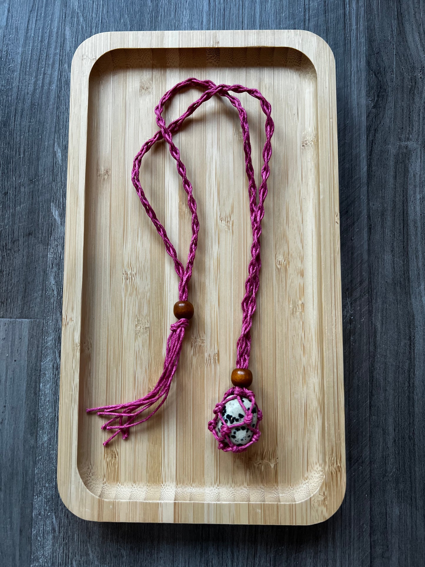 Hot Pink Hemp Necklace w/ Dalmatian Jasper Stone