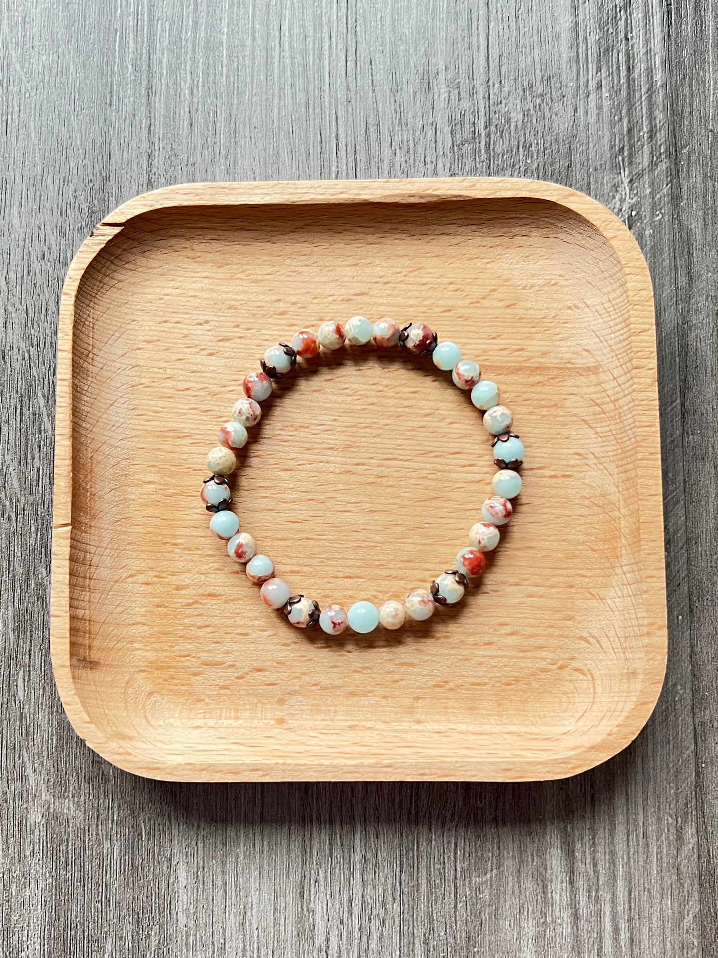 Aqua Snake Skin Jasper Bracelet - 6 w/ Metal Flower Caps