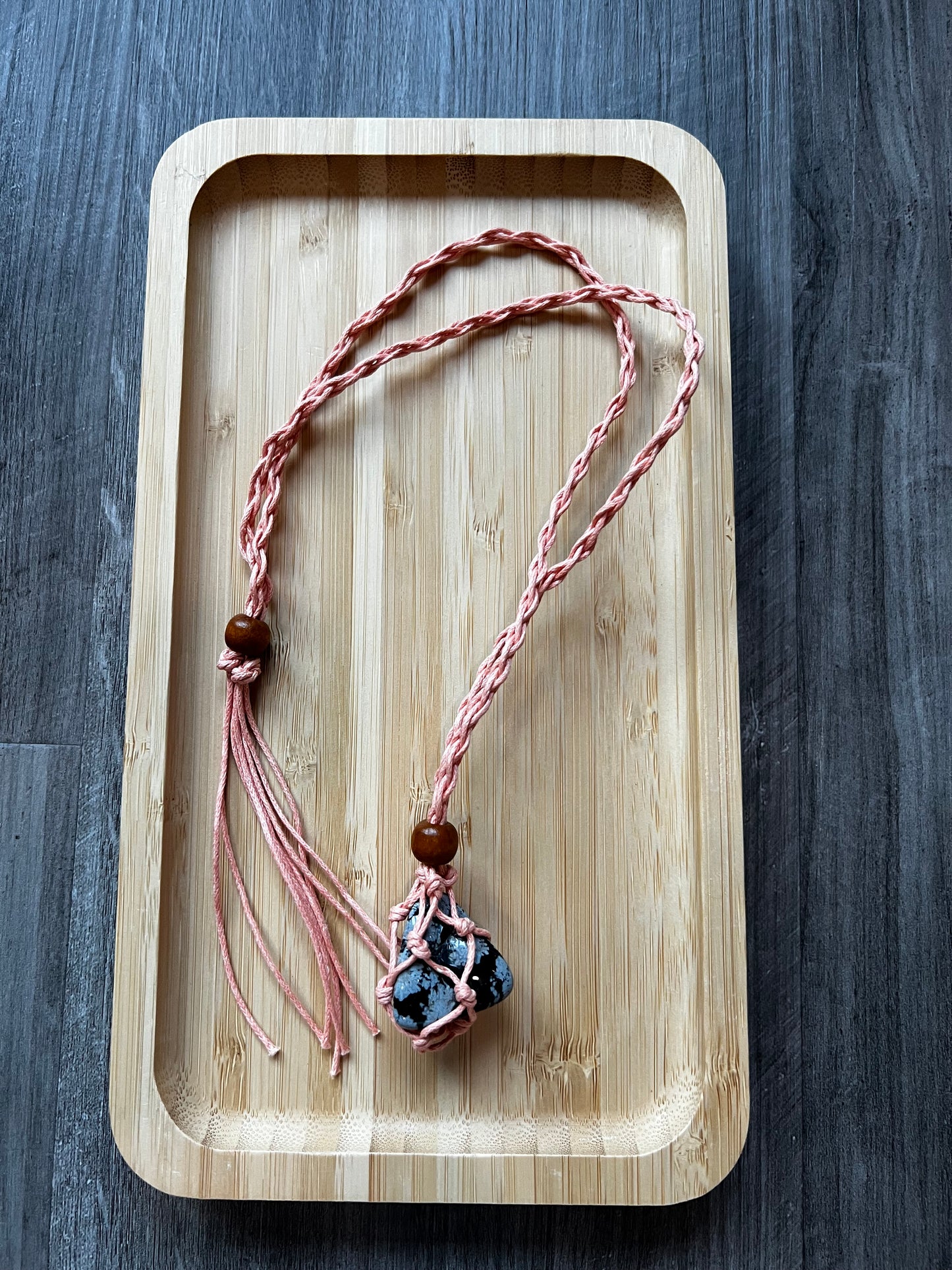 Peach Hemp Necklace w/ Snowflake Obsidian Stone