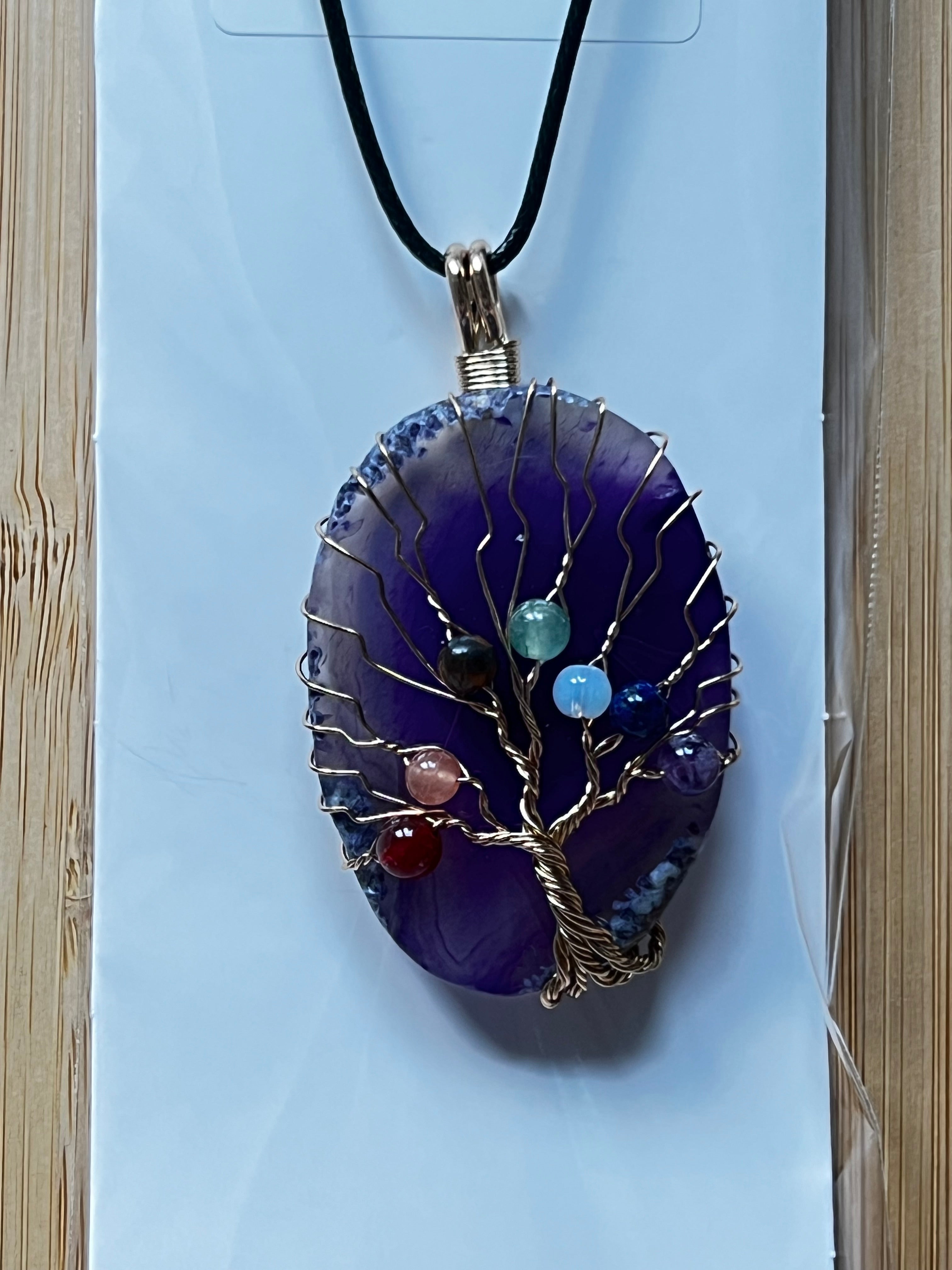 Purple Agate Slice Chakra Pendant Necklace