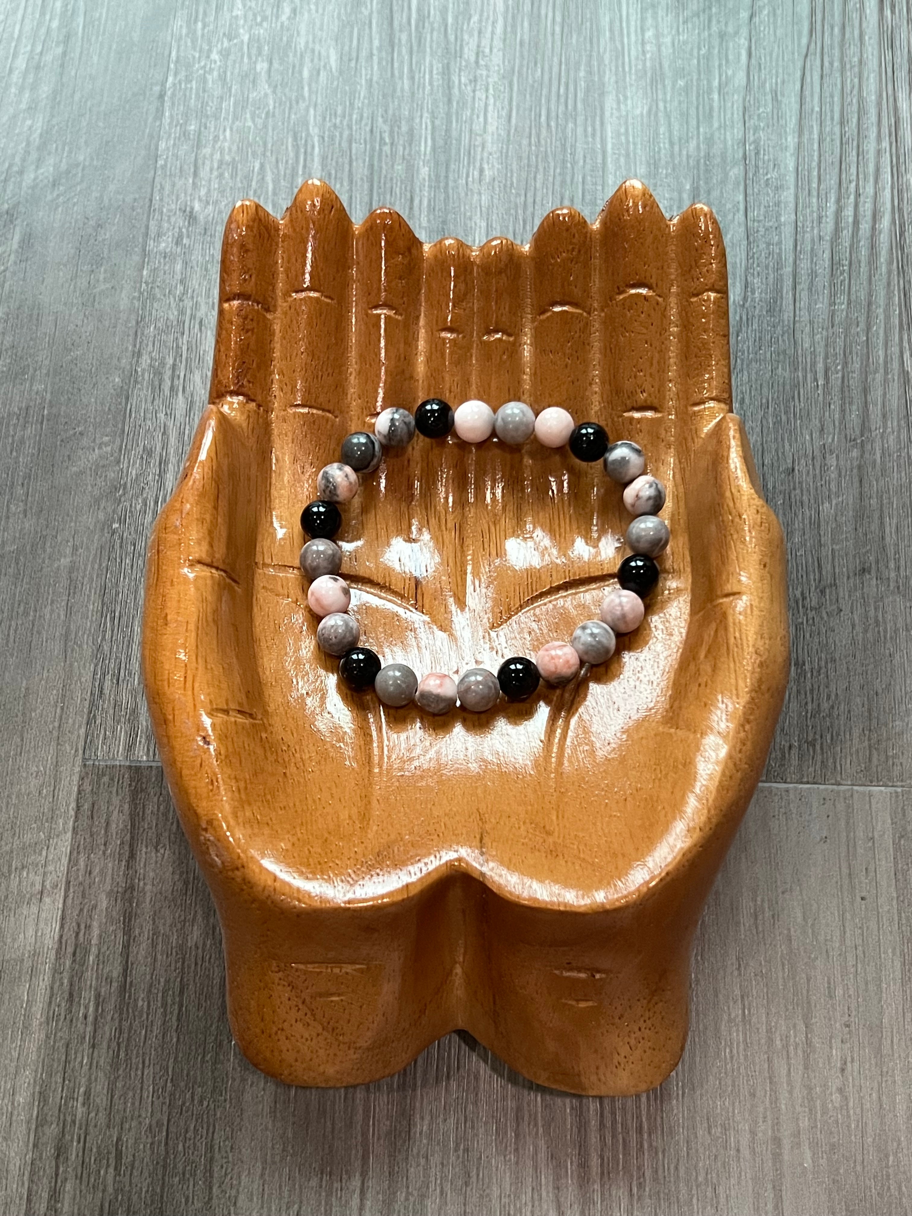 Pink Zebra Jasper & Obsidian Bracelet - 8 mm