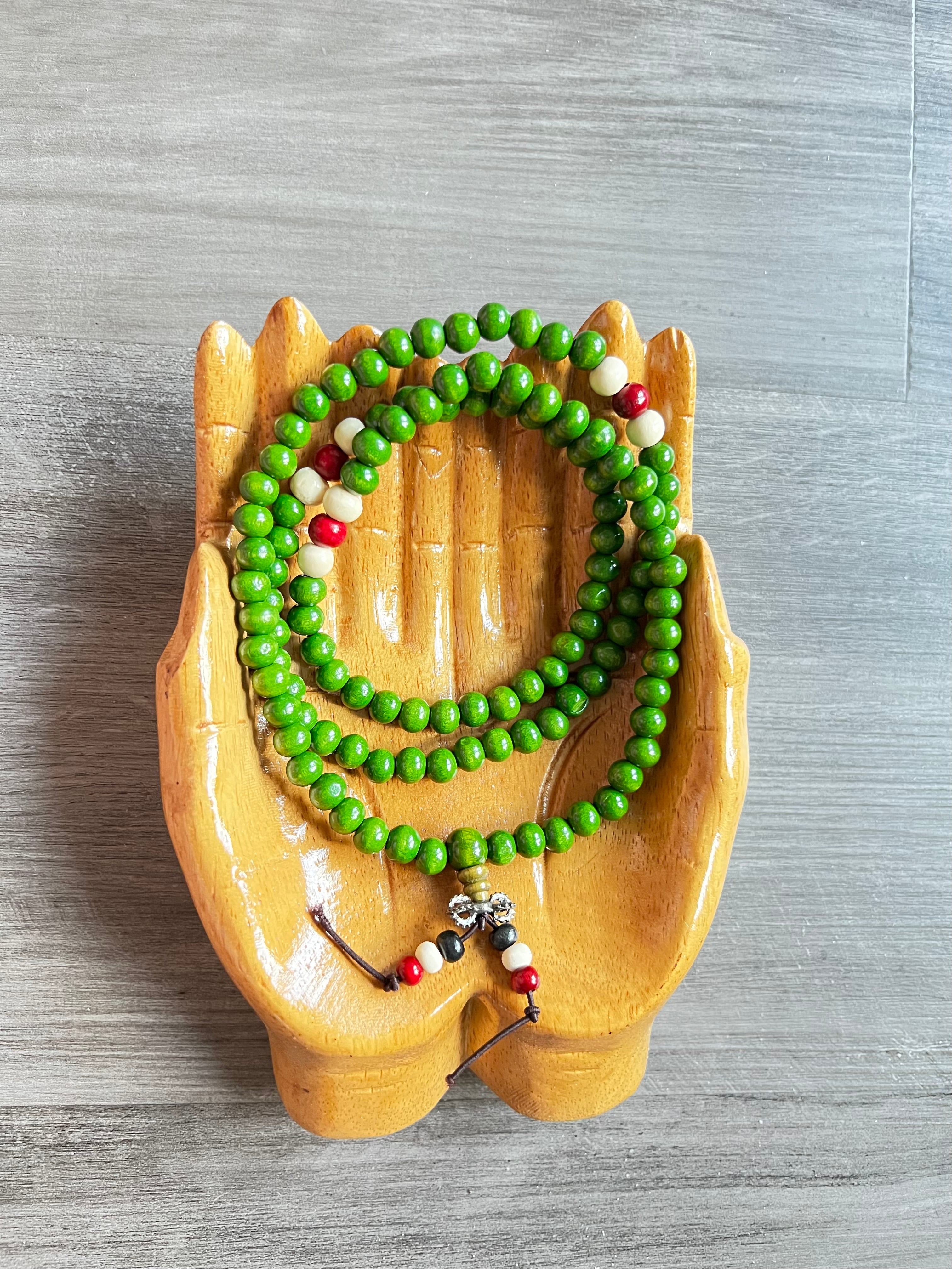 Green Painted Sandalwood Mala Bead Necklace - White & Red