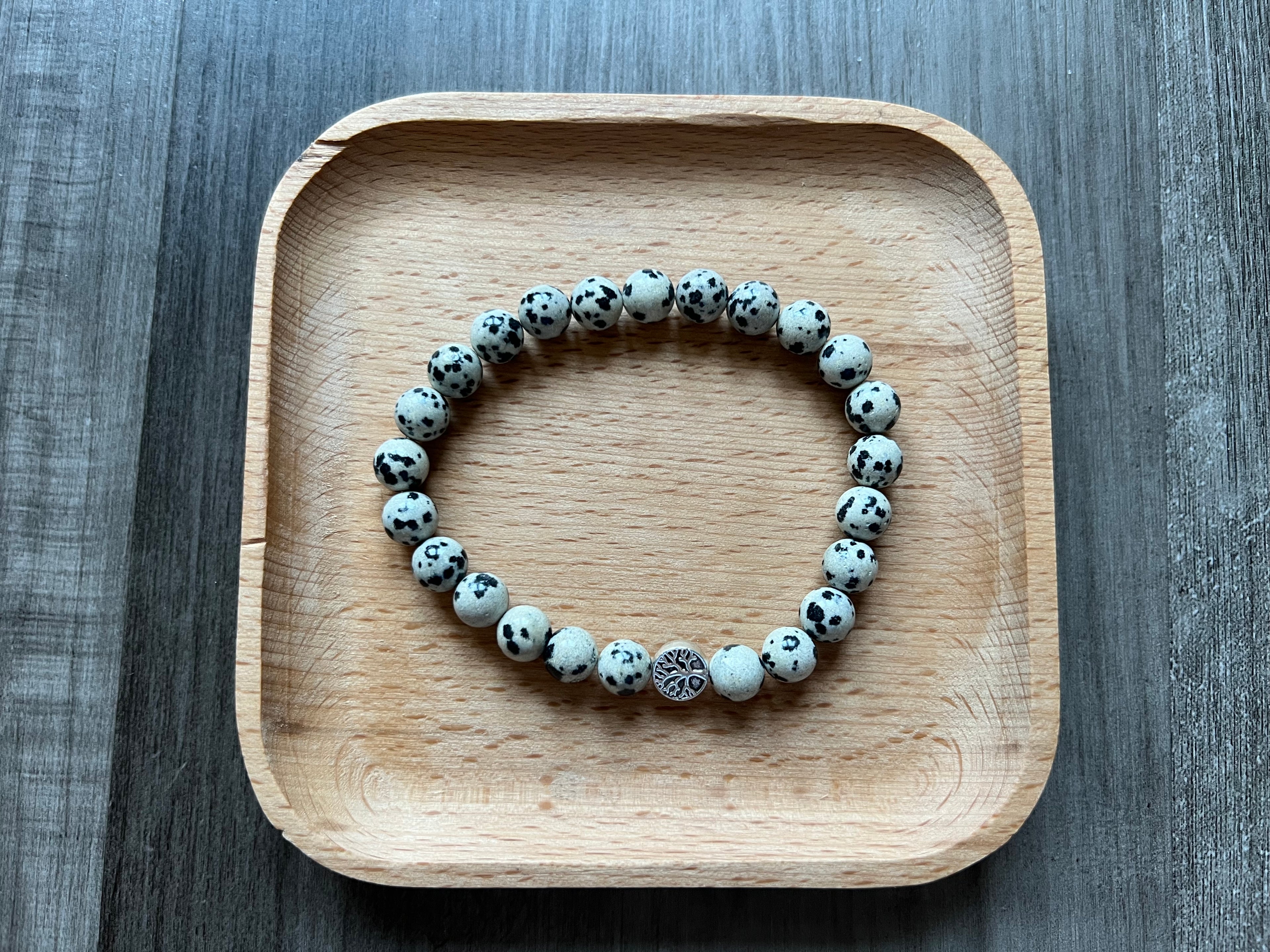 Dalmatian Jasper Bracelet - 8 mm w/ 9 mm Tree of Life