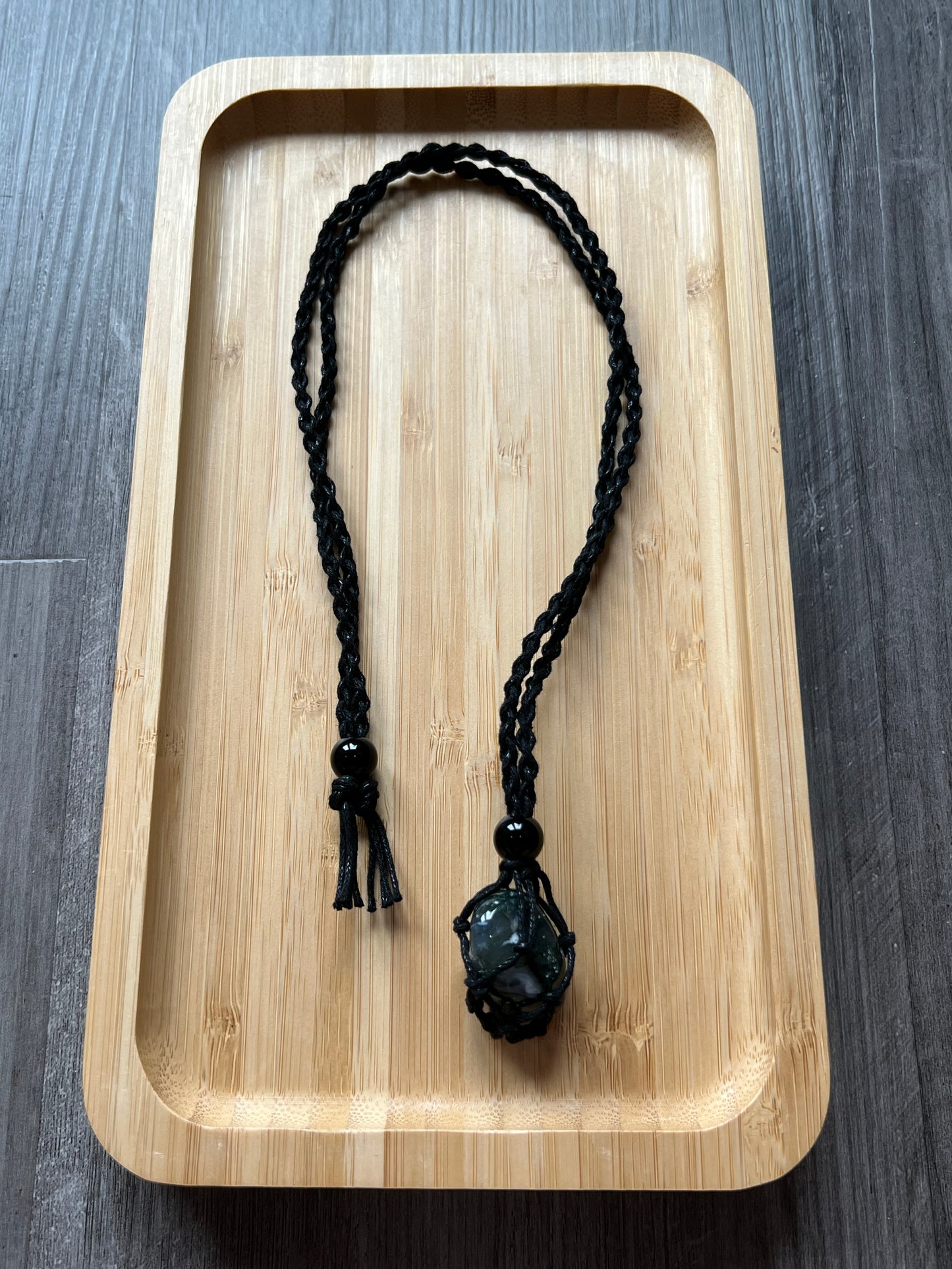 Black Hemp Necklace w/ Moss Agate