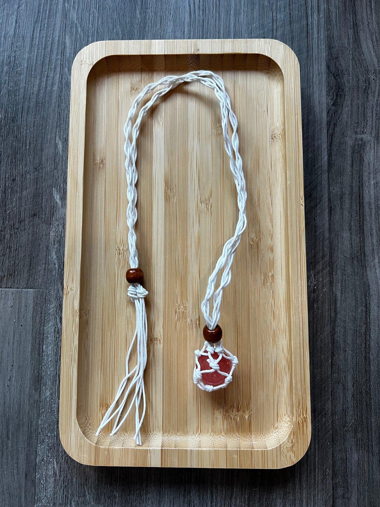 White Hemp Necklace w/ Strawberry Quartz Stone
