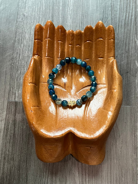 Blue Dragon Vein Agate Bracelet - 8 mm Gold Hamsa Hand