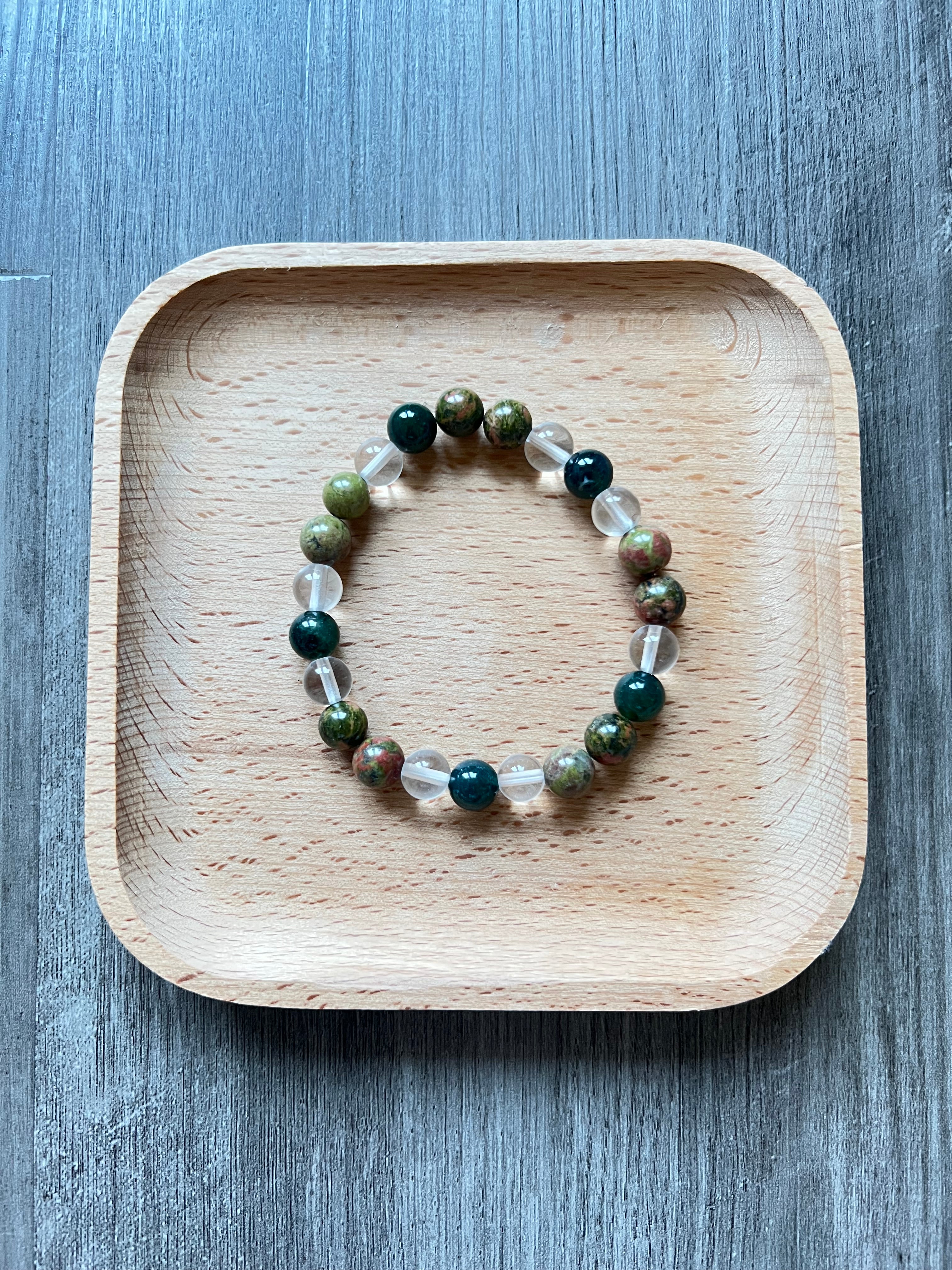 Unakite, Moss Agate, and Clear Quartz Bracelet - 8 mm