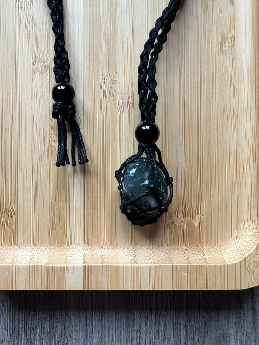 Black Hemp Necklace w/ Moss Agate
