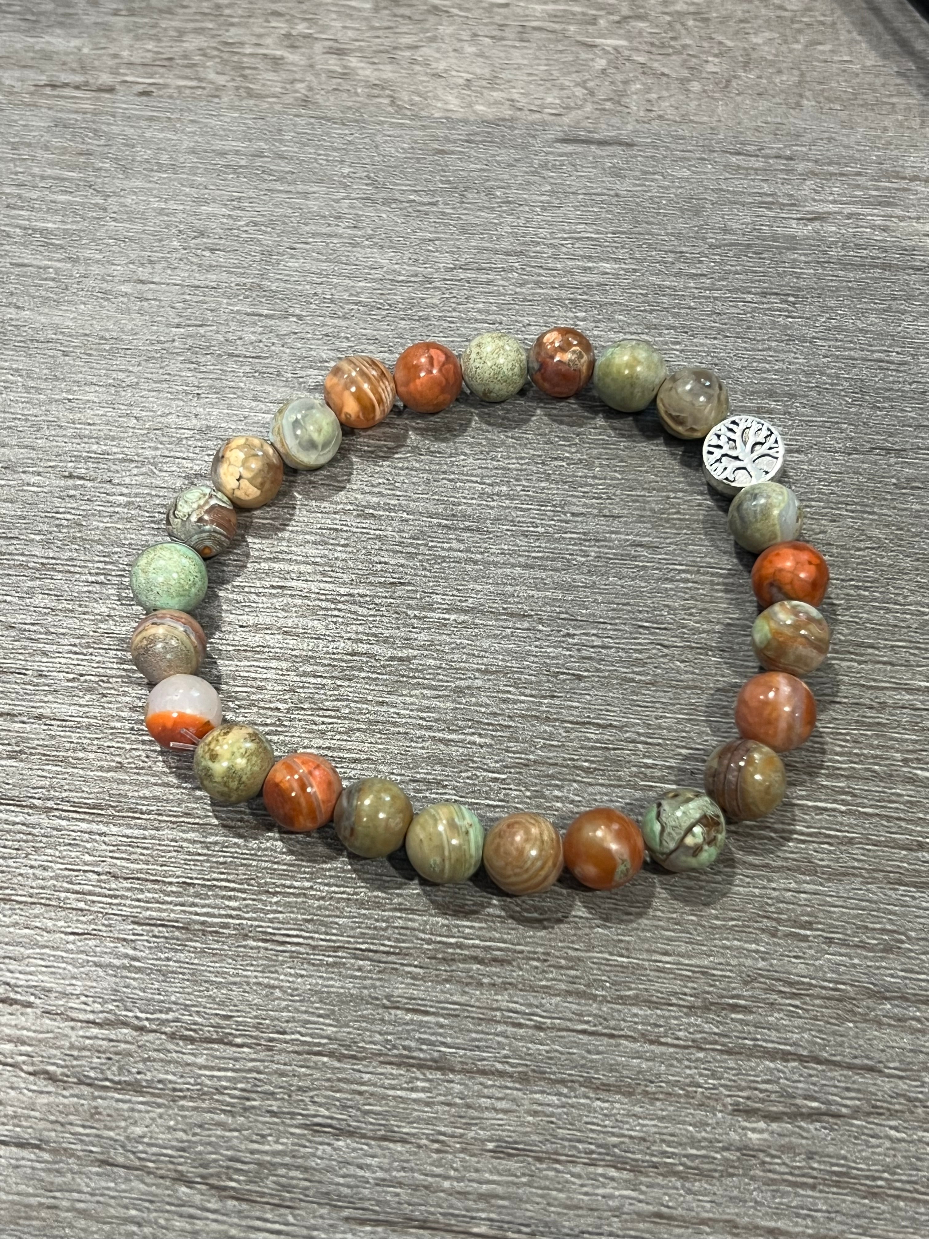 Orange Green Dragon Skin Agate Bracelet - 8 mm w/ 9 mm Tree of Life