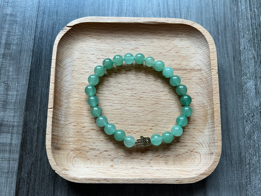 Green Aventurine Bracelet - 8 mm w/ Gold Hamsa Hand