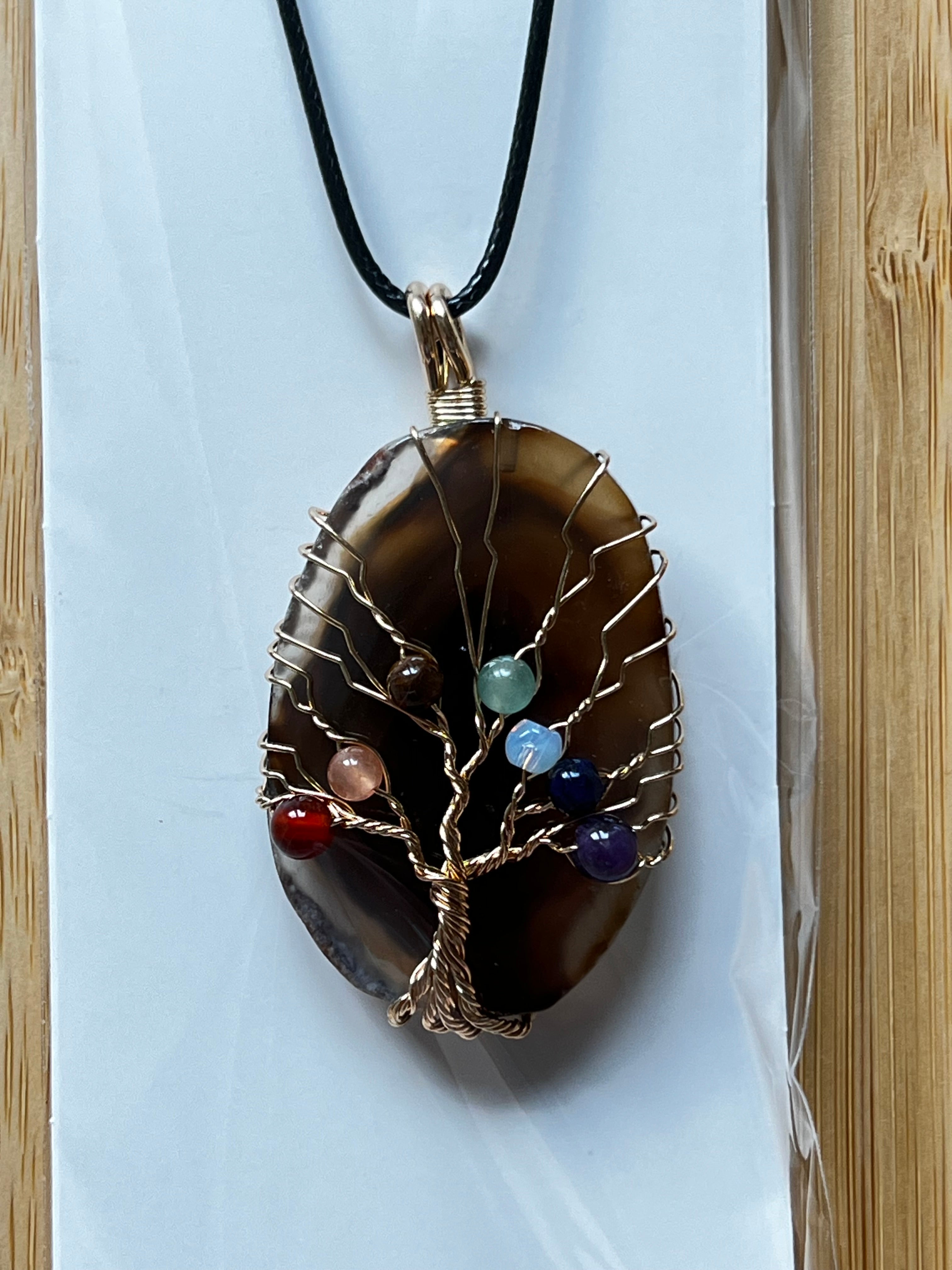 Brown Agate Slice Chakra Pendant Necklace