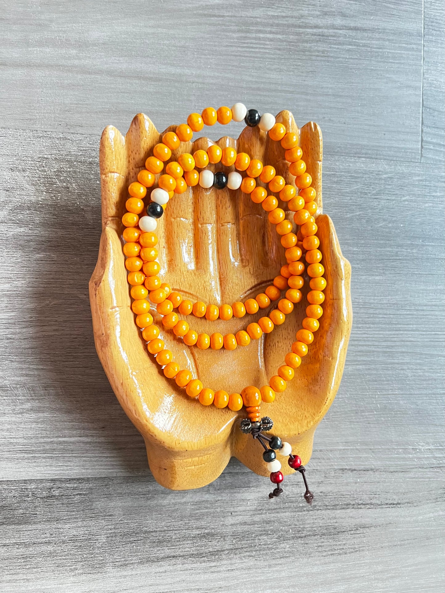 Yellow Sandalwood Mala Bead Necklace - Black & White
