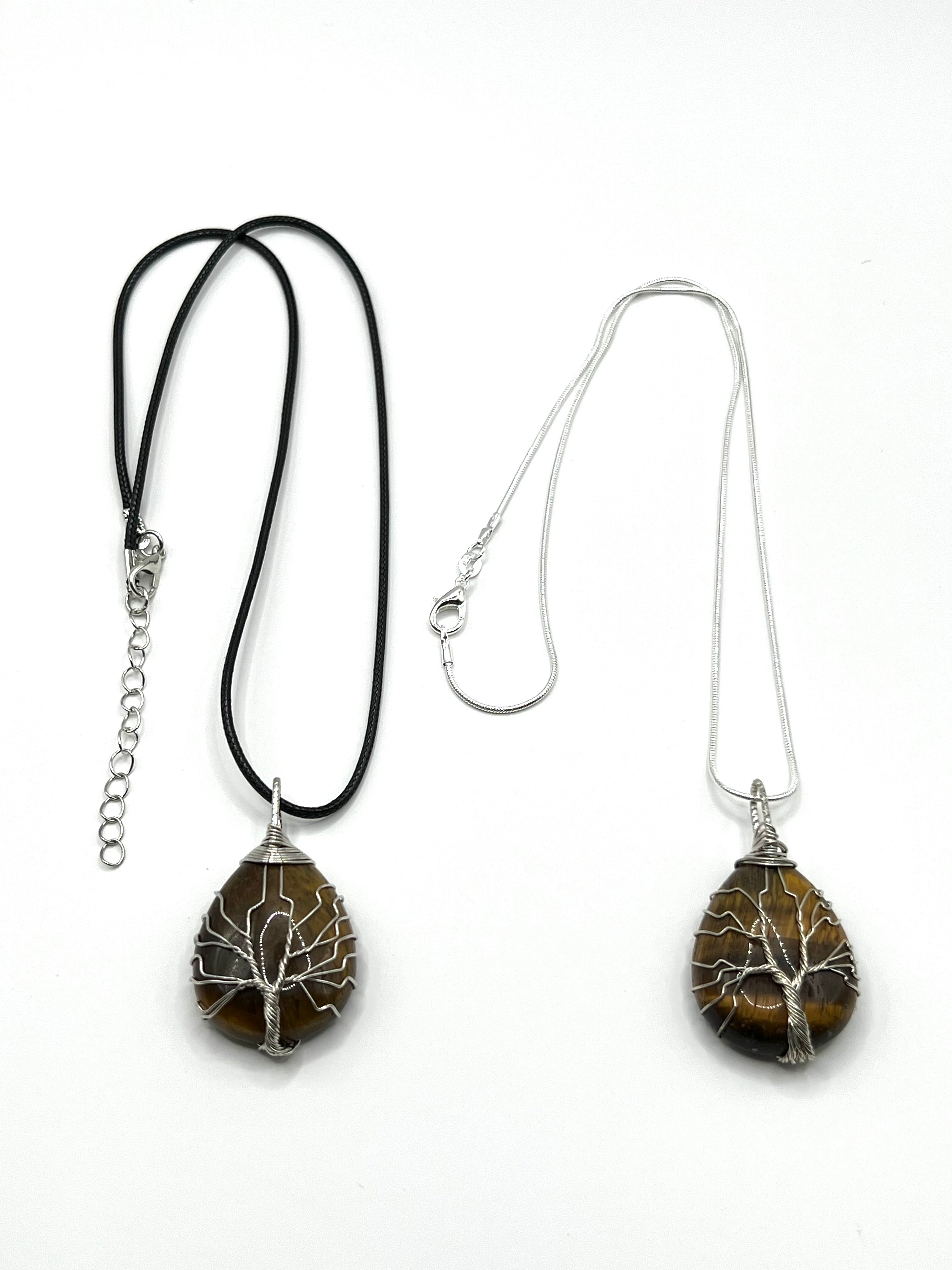 Tiger Eye Tree of Life on Tear Pendant Necklace