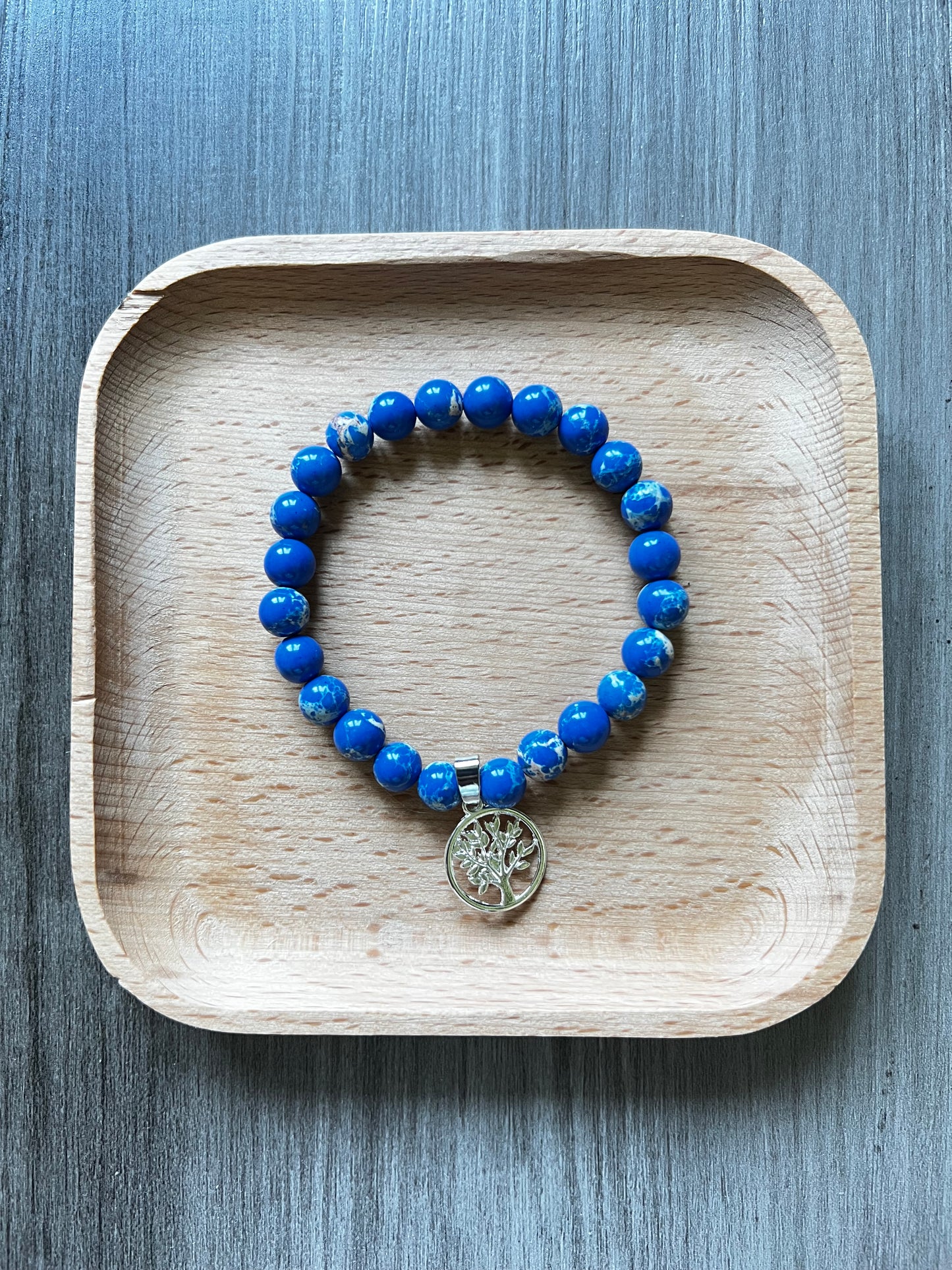 Blue Snake Skin Jasper Bracelet - 8 mm w/ Silver Tree of Life