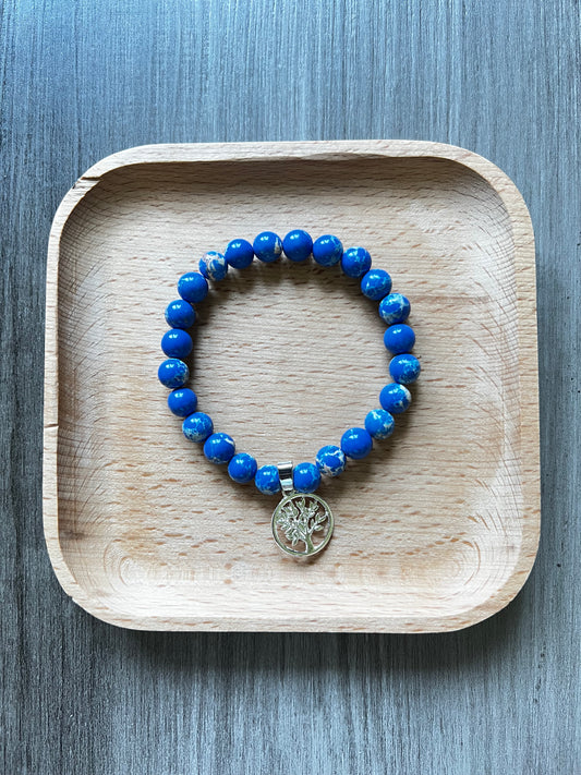 Blue Snake Skin Jasper Bracelet - 8 mm w/ Silver Tree of Life