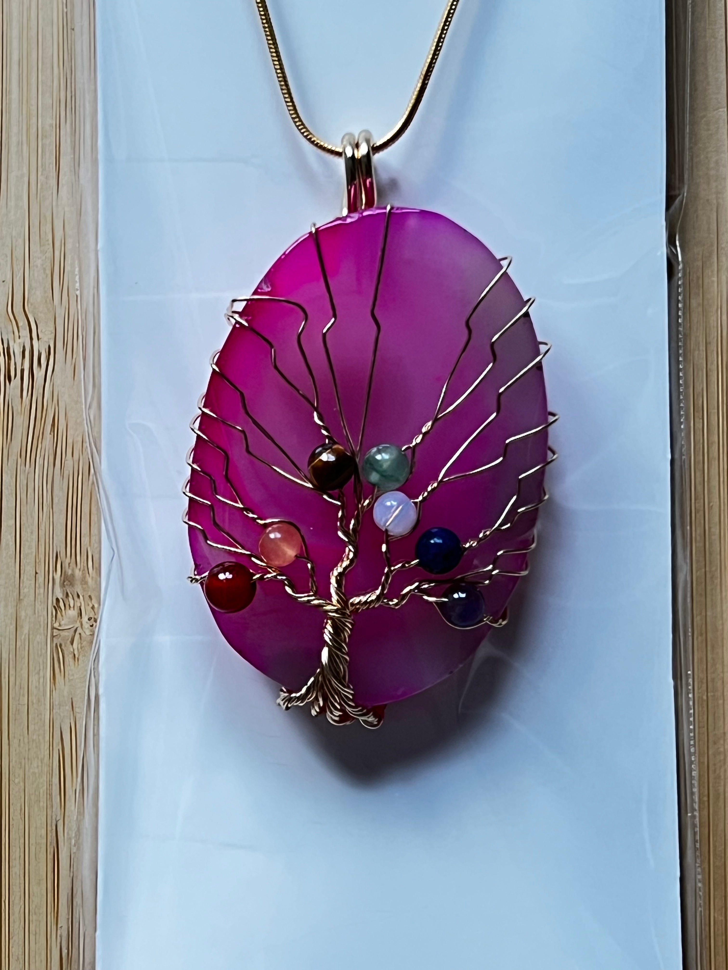 Pink Agate Slice Chakra Pendant Necklace