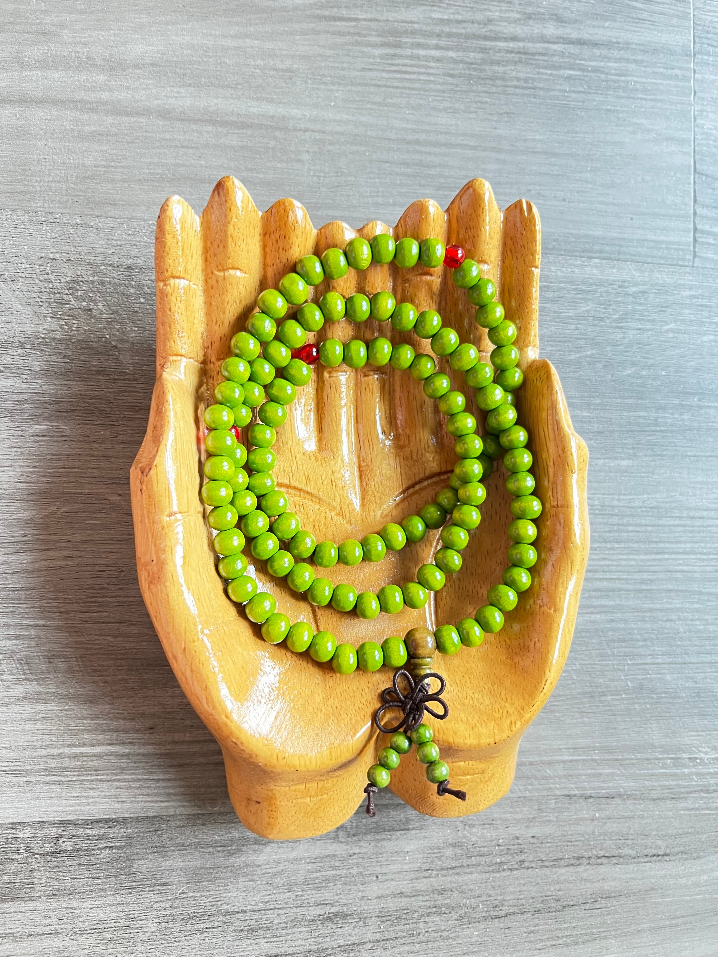 Green Painted Sandalwood Mala Bead Necklace - Red