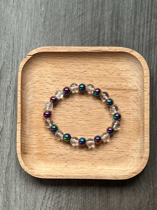 Clear Quartz & Iridescent Hematite Bracelet - 8 mm