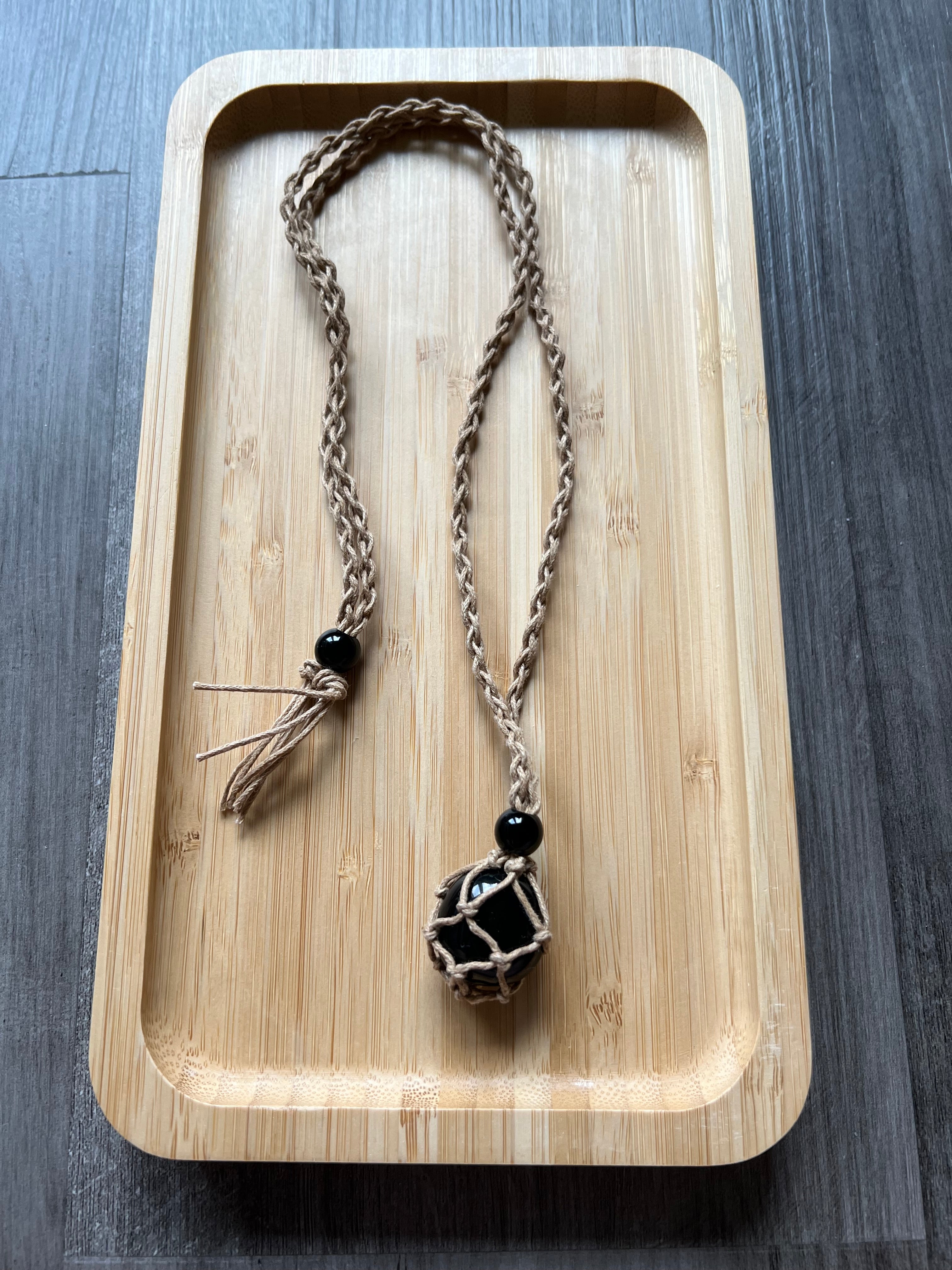 Khaki Hemp Necklace w/ Obsidian Stone