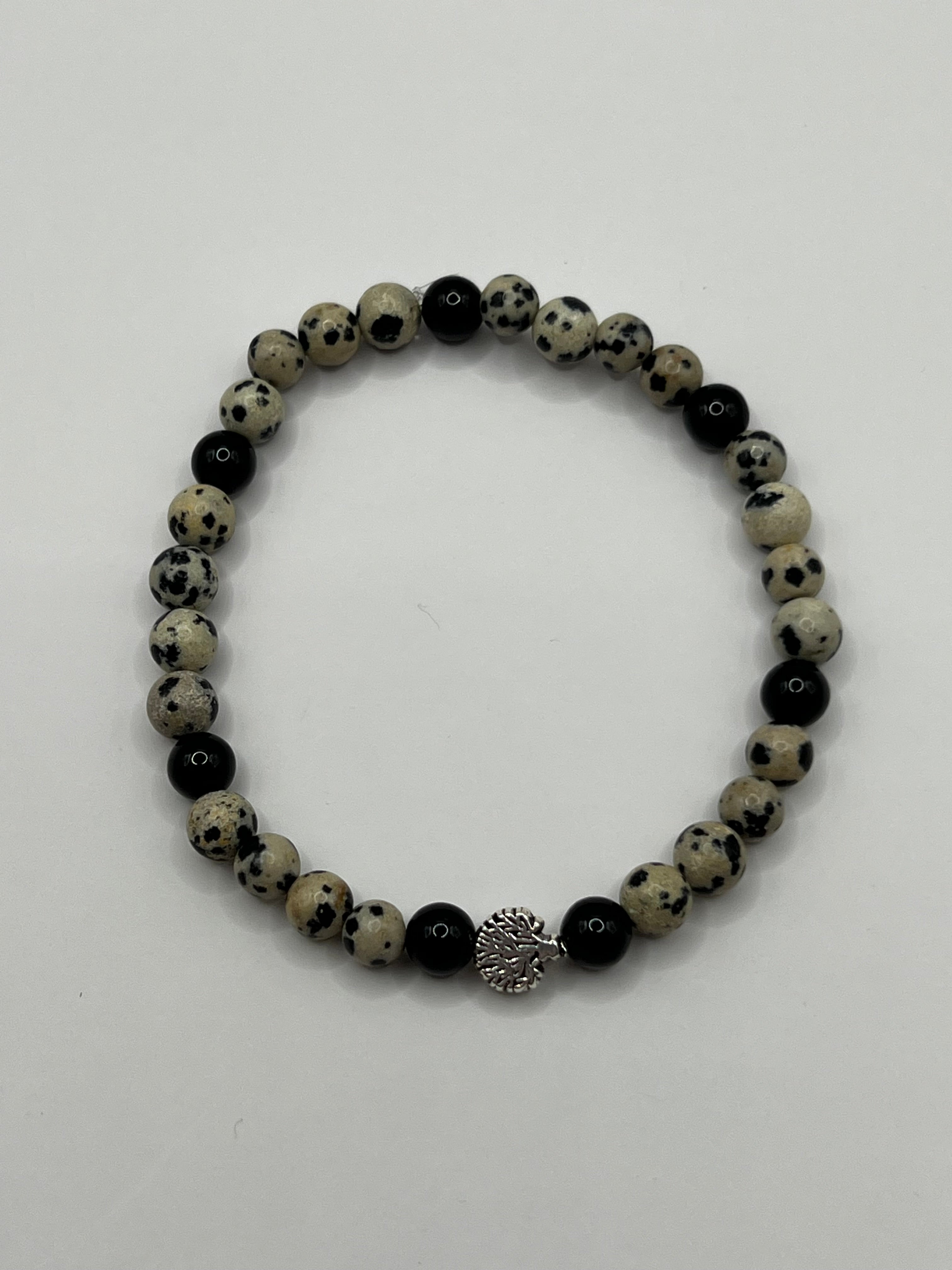 Dalmatian Jasper & Obsidian Bracelet - 6 mm w/ 8mm Tree of Life