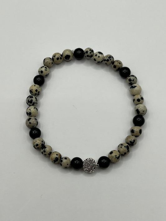 Dalmatian Jasper & Obsidian Bracelet - 6 mm w/ 8mm Tree of Life
