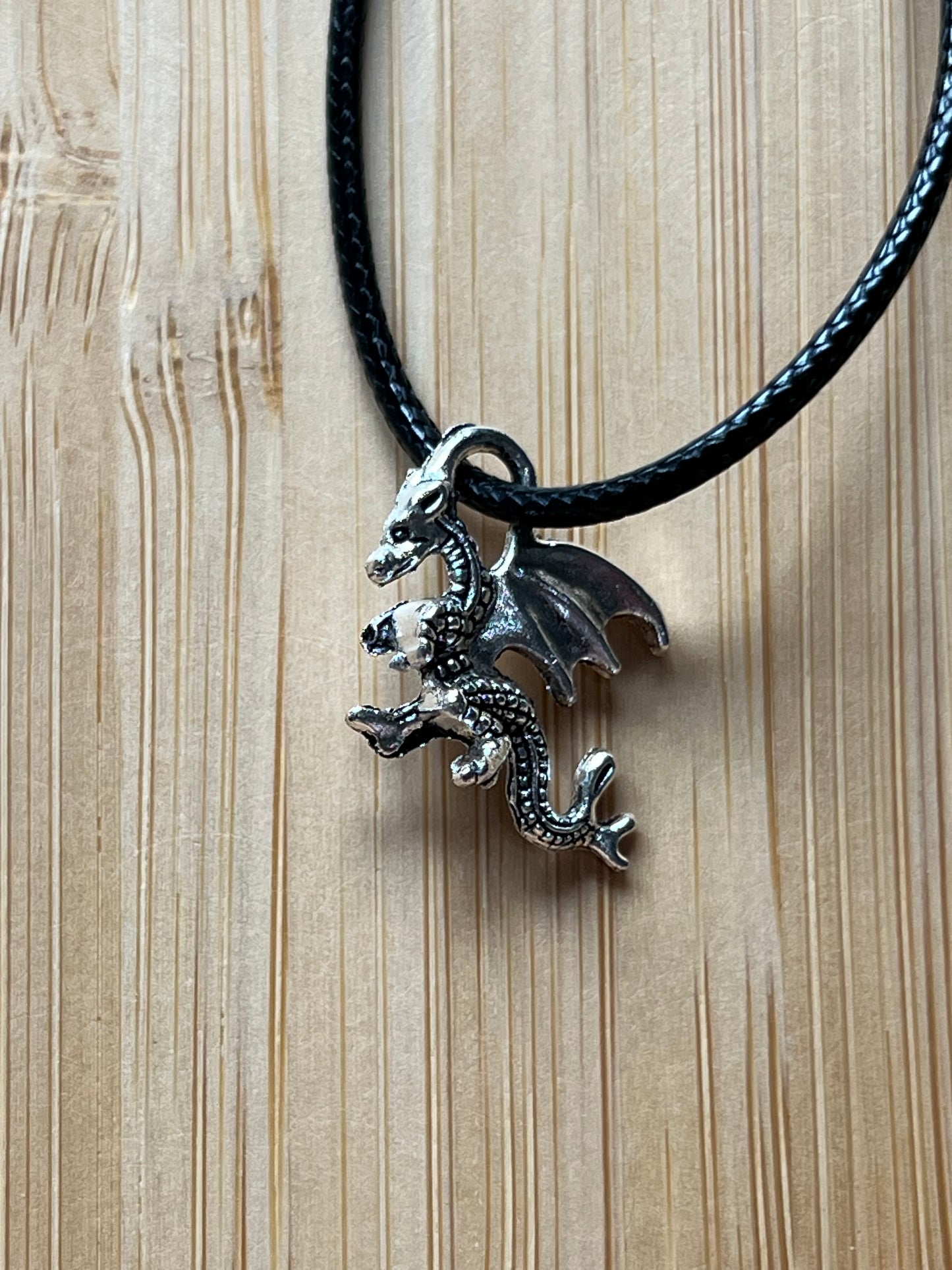 Silver Dragon on Black Corded Necklace