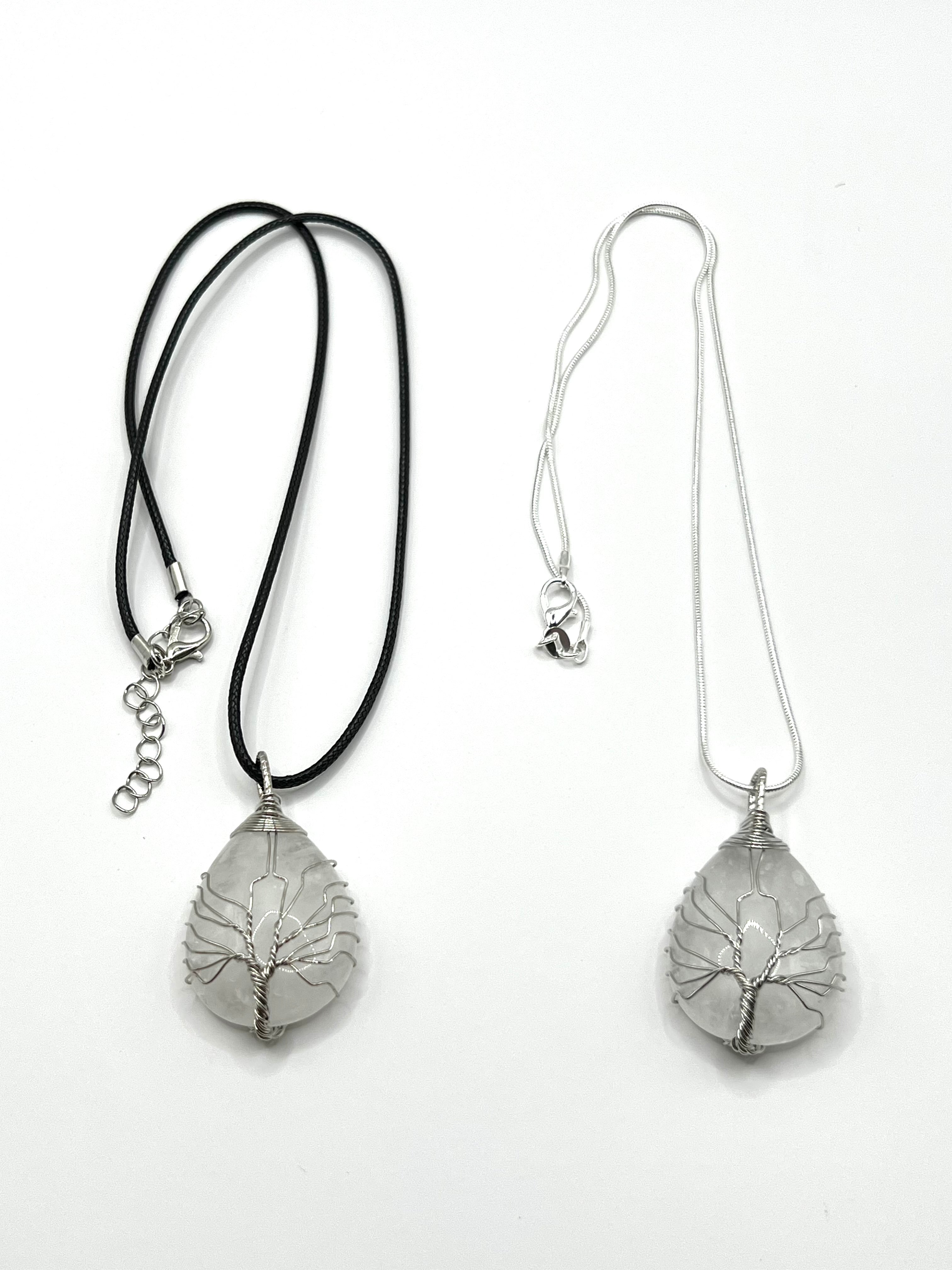 Clear Quartz Tree of Life on Tear Pendant Necklace