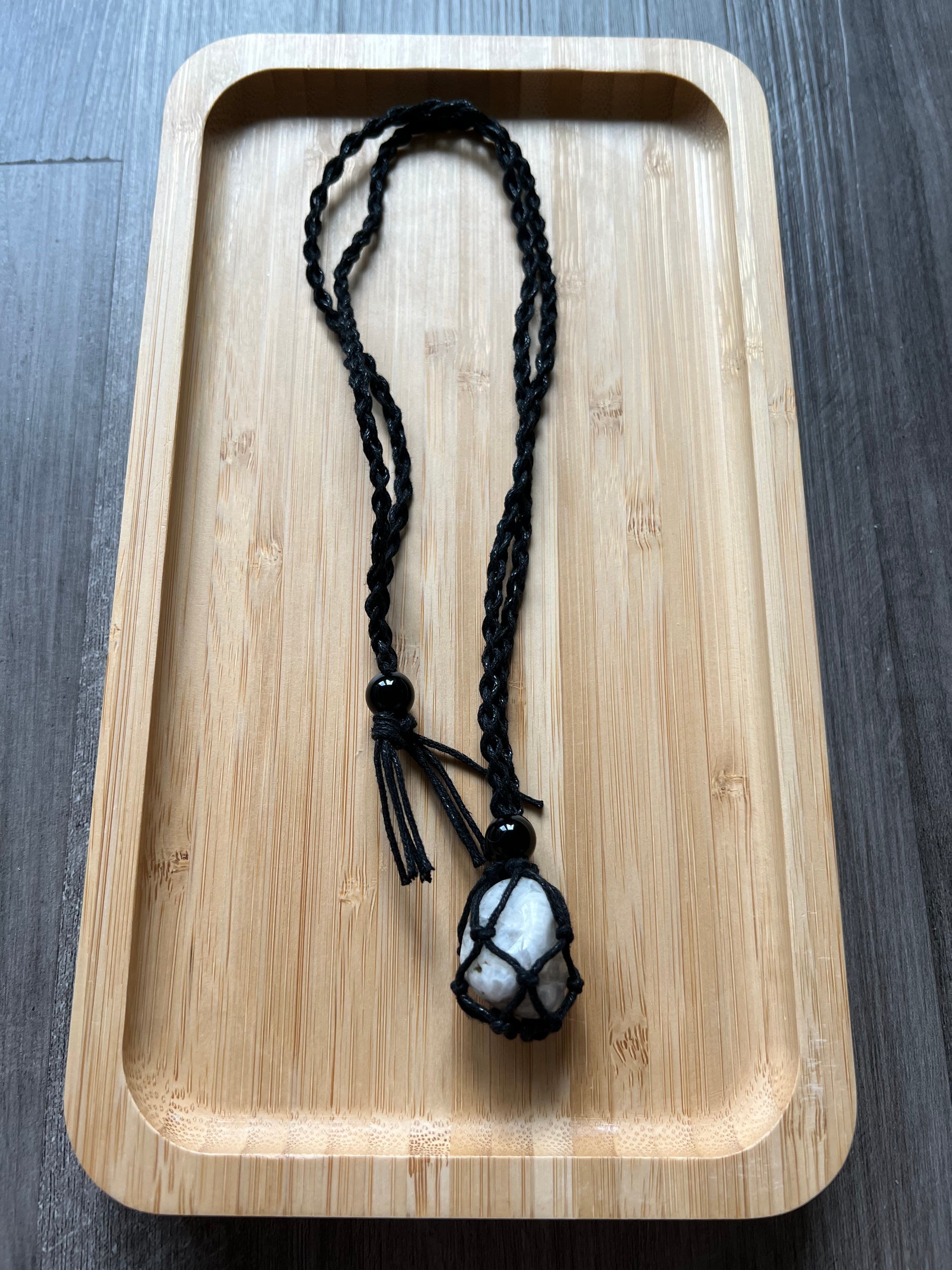 Black Hemp Necklace w/ Rainbow Moonstone Stone