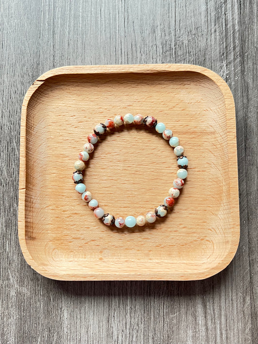 Aqua Snake Skin Jasper Bracelet - 6 w/ Metal Flower Caps