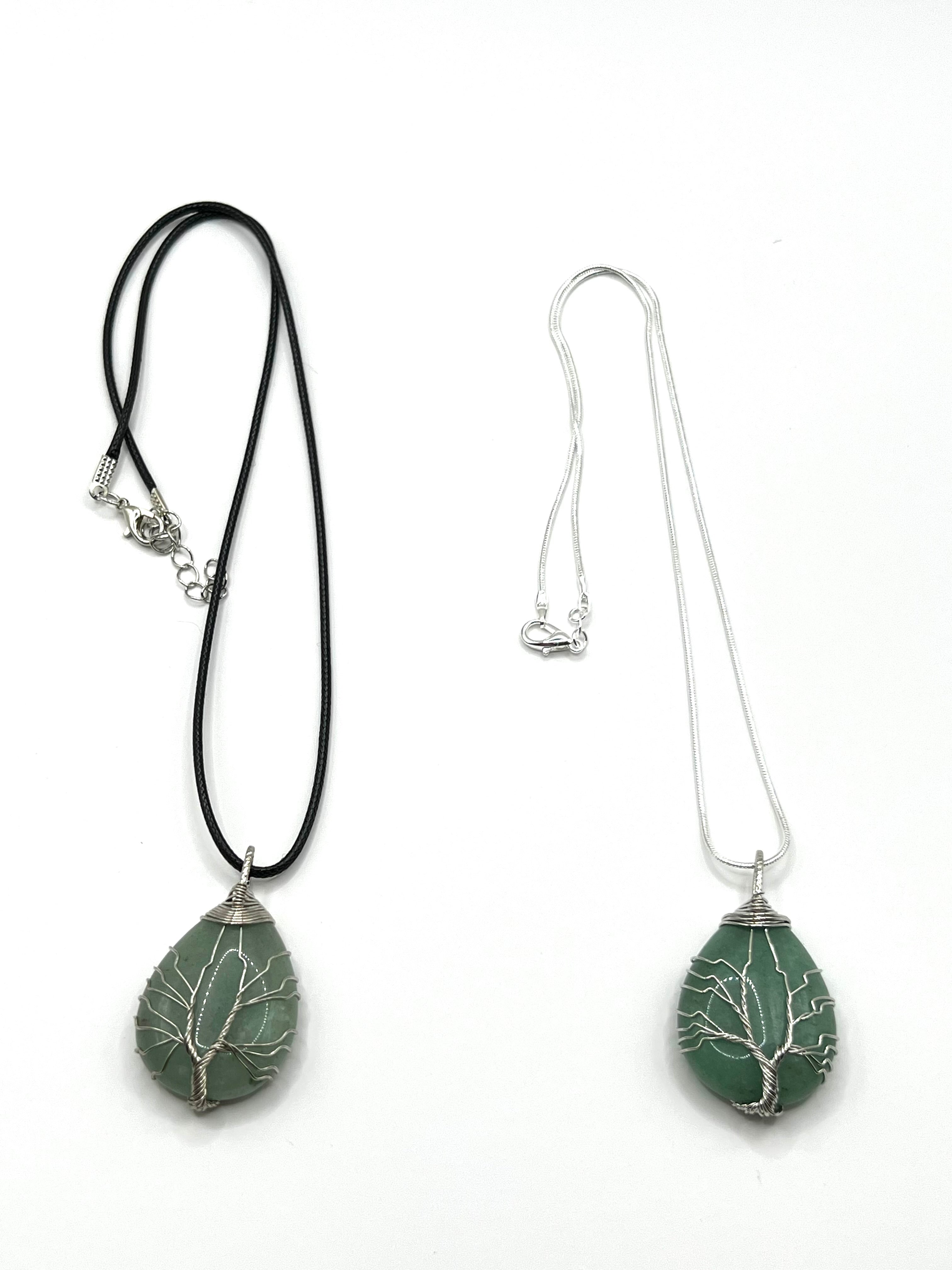 Green Aventurine Tree of Life on Tear Pendant Necklace
