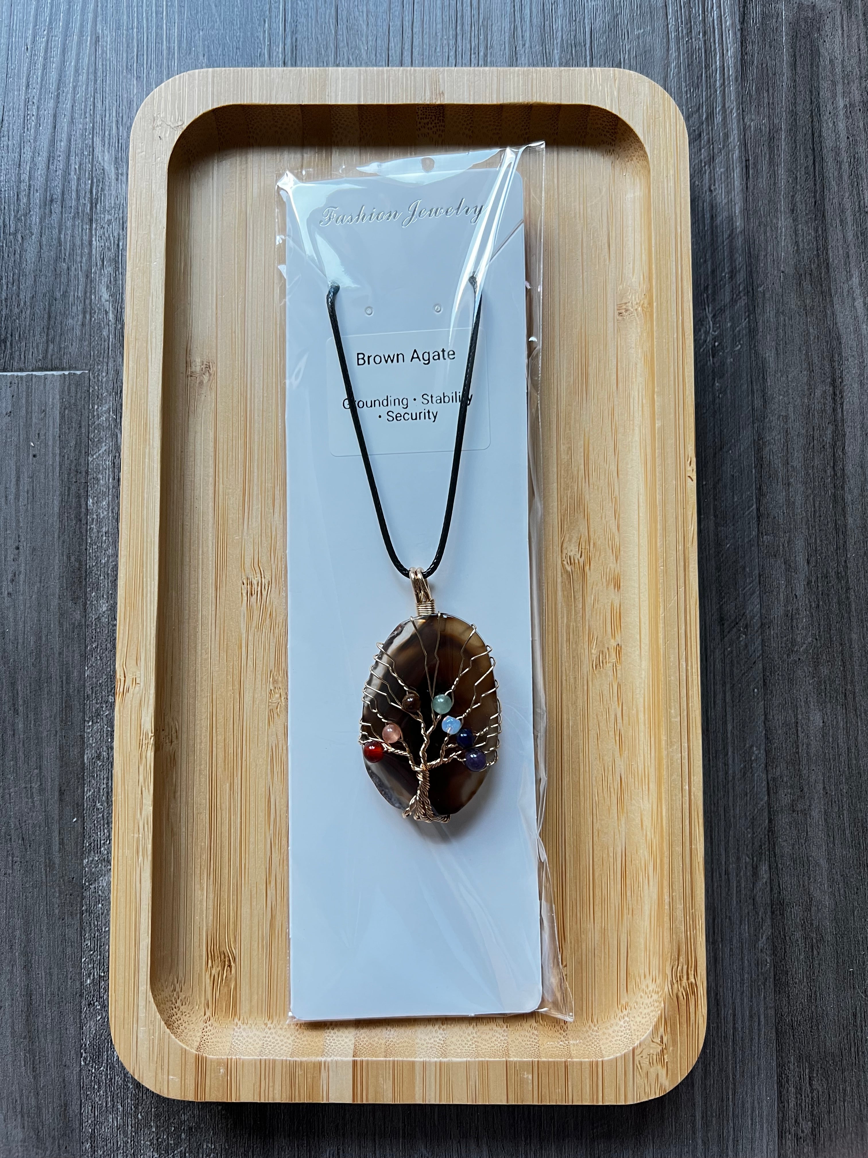 Brown Agate Slice Chakra Pendant Necklace