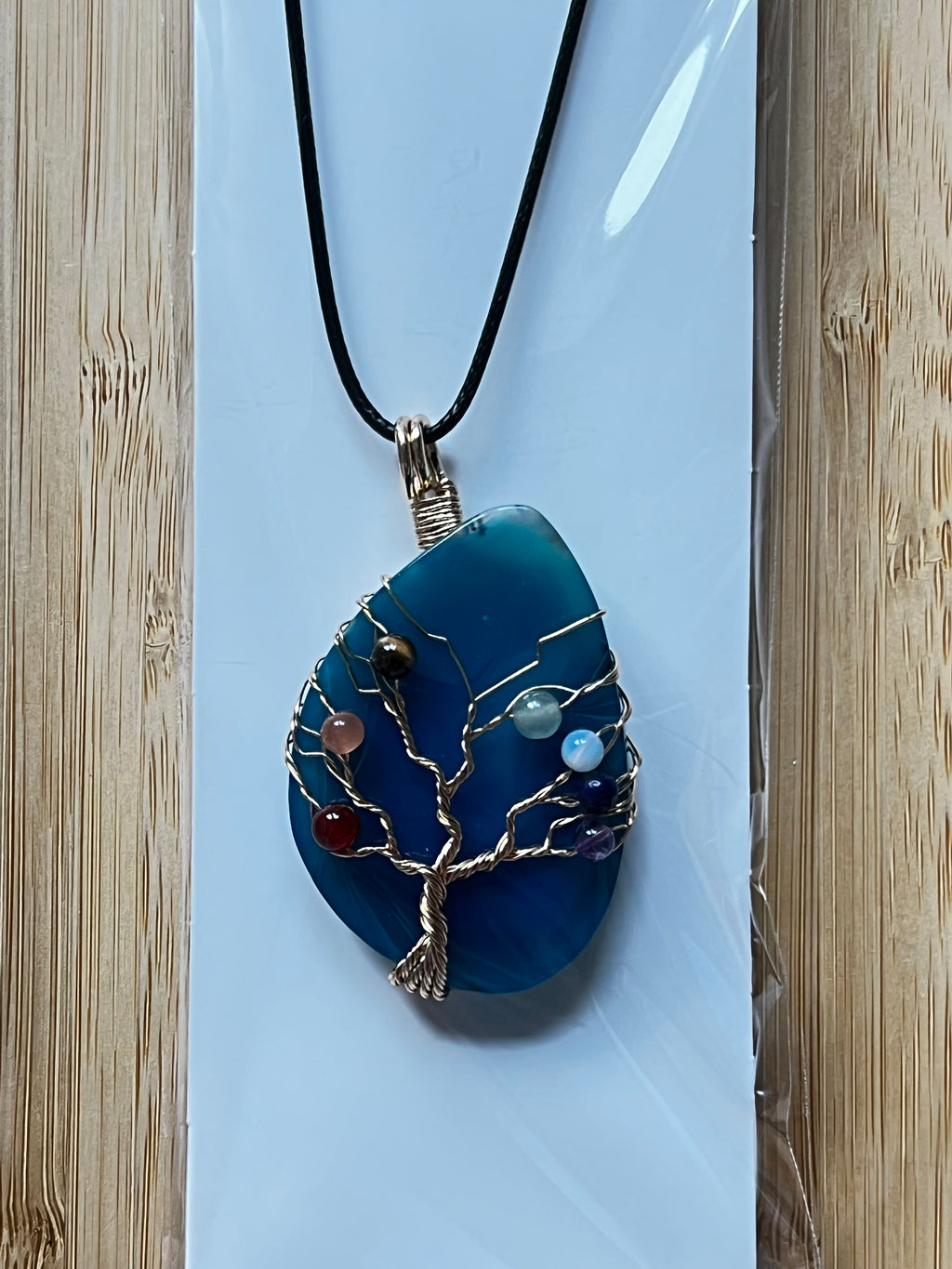 Blue Agate Slice Chakra Pendant Necklace