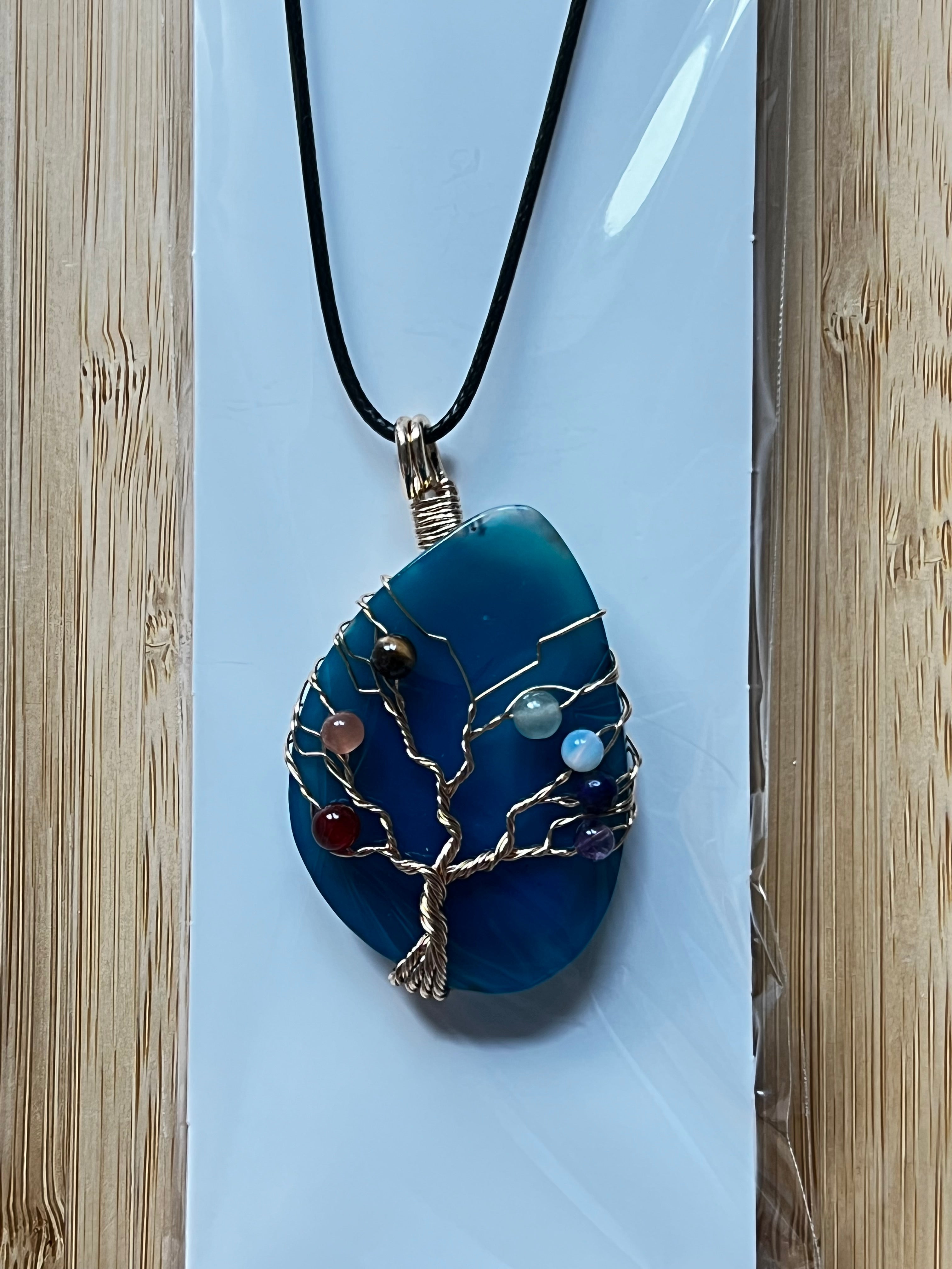 Blue Agate Slice Chakra Pendant Necklace