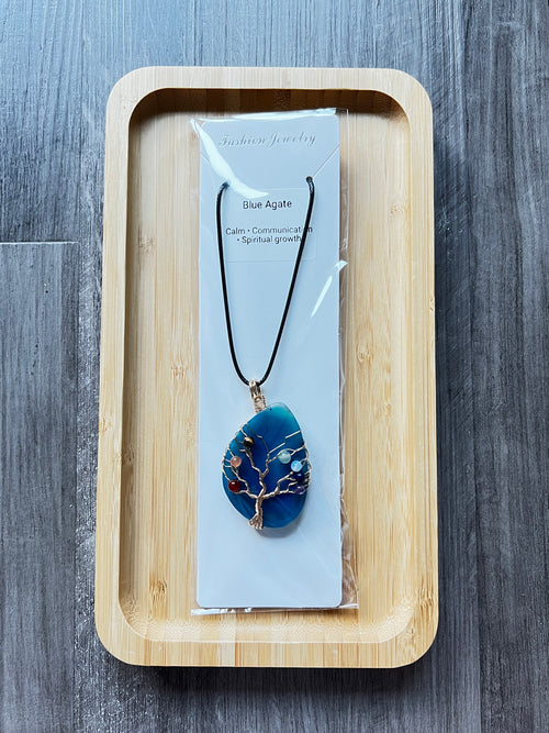 Blue Agate Slice Chakra Pendant Necklace