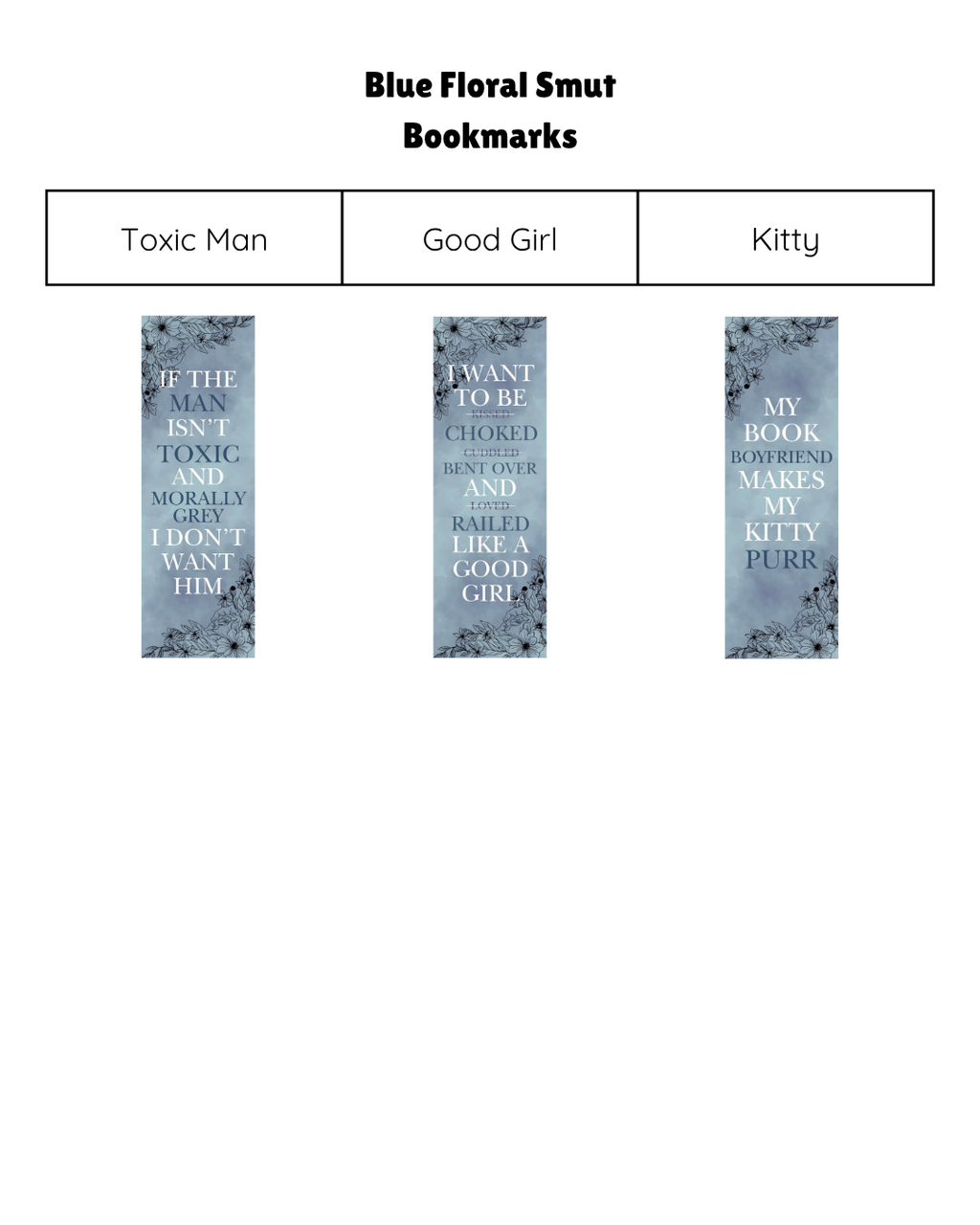 Blue Floral Smut Bookmarks