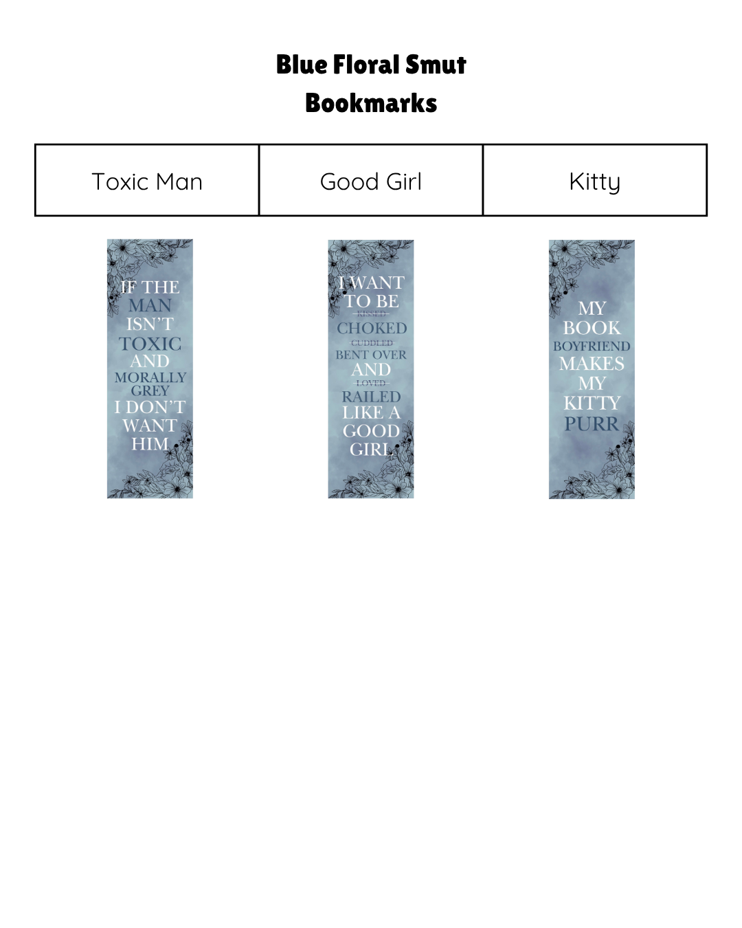 Blue Floral Smut Bookmarks