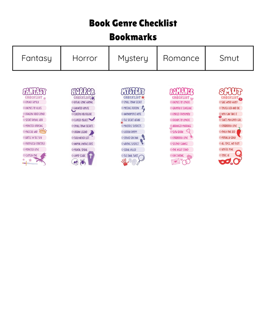 Book Genre Checklist Bookmarks