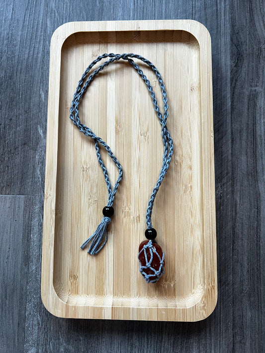Grey Hemp Necklace w/ Carnelian Stone