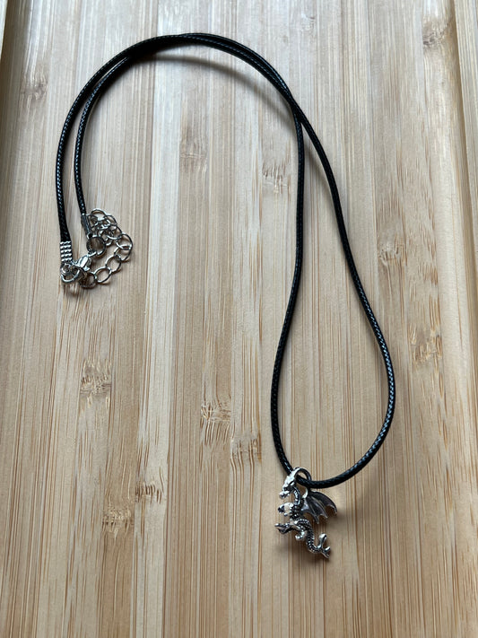 Silver Dragon on Black Corded Necklace