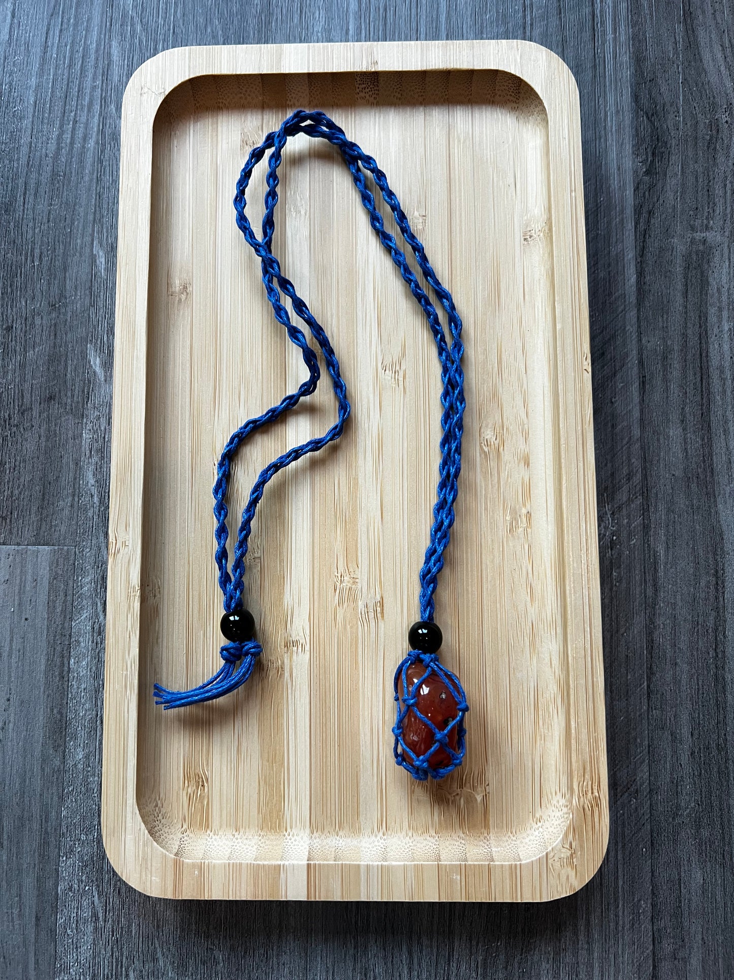 Blue Hemp Necklace w/ Carnelian Stone