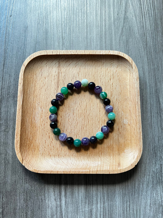 Blue Sandstone, Green Striped Agate, Amethyst Bracelet - 8 mm