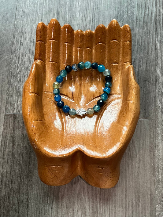 Blue Dragon Vein Agate Bracelet - 8 mm w/ Silver Hamsa Hand
