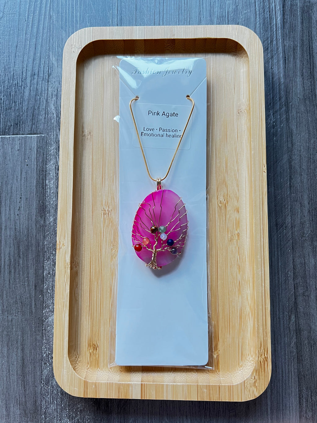 Pink Agate Slice Chakra Pendant Necklace