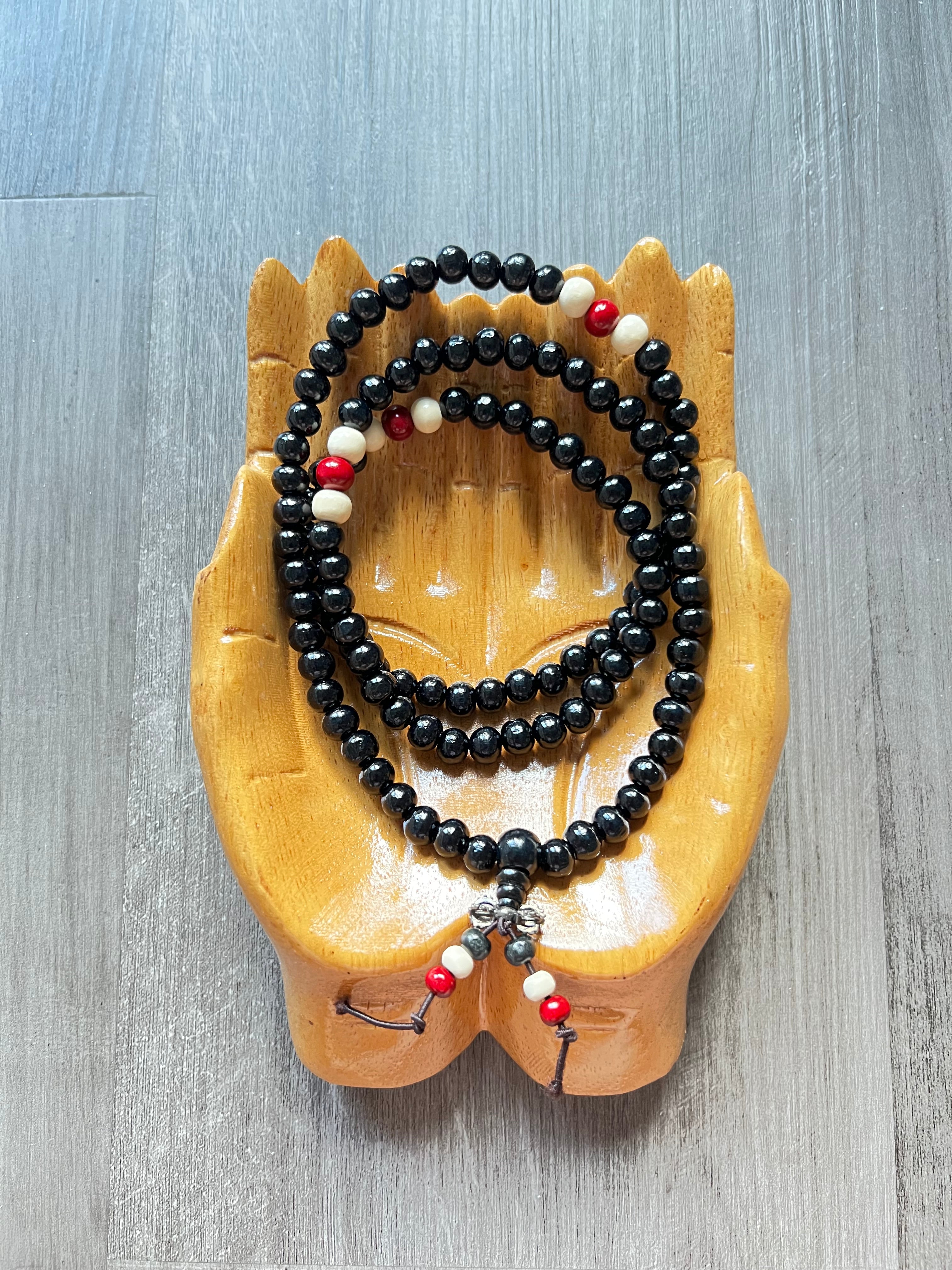Black Painted Sandalwood Mala Bead Necklace - White & Red