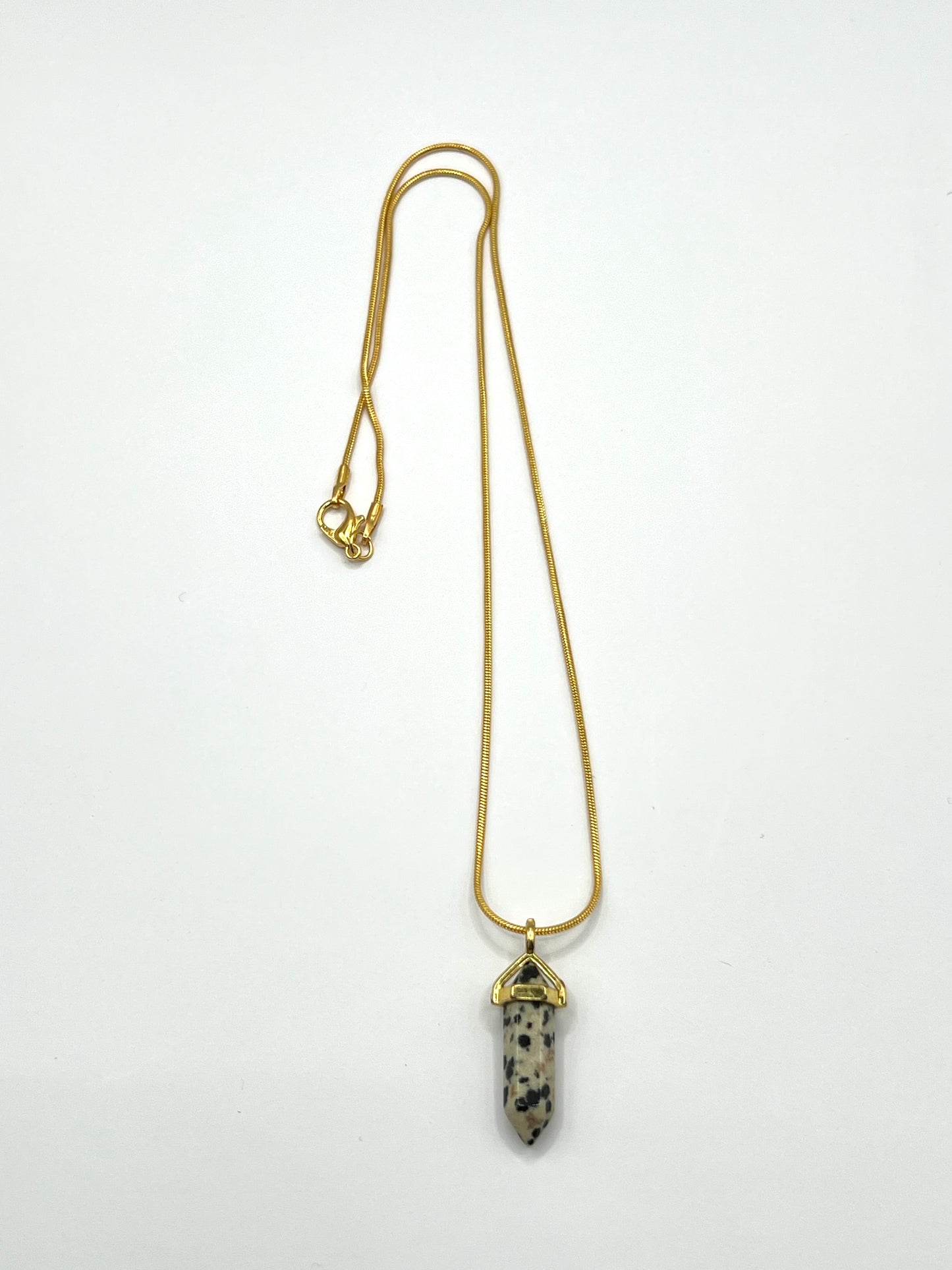 Dalmatian Jasper 1" Hexagon Gold Crystal Point Pendant Necklace