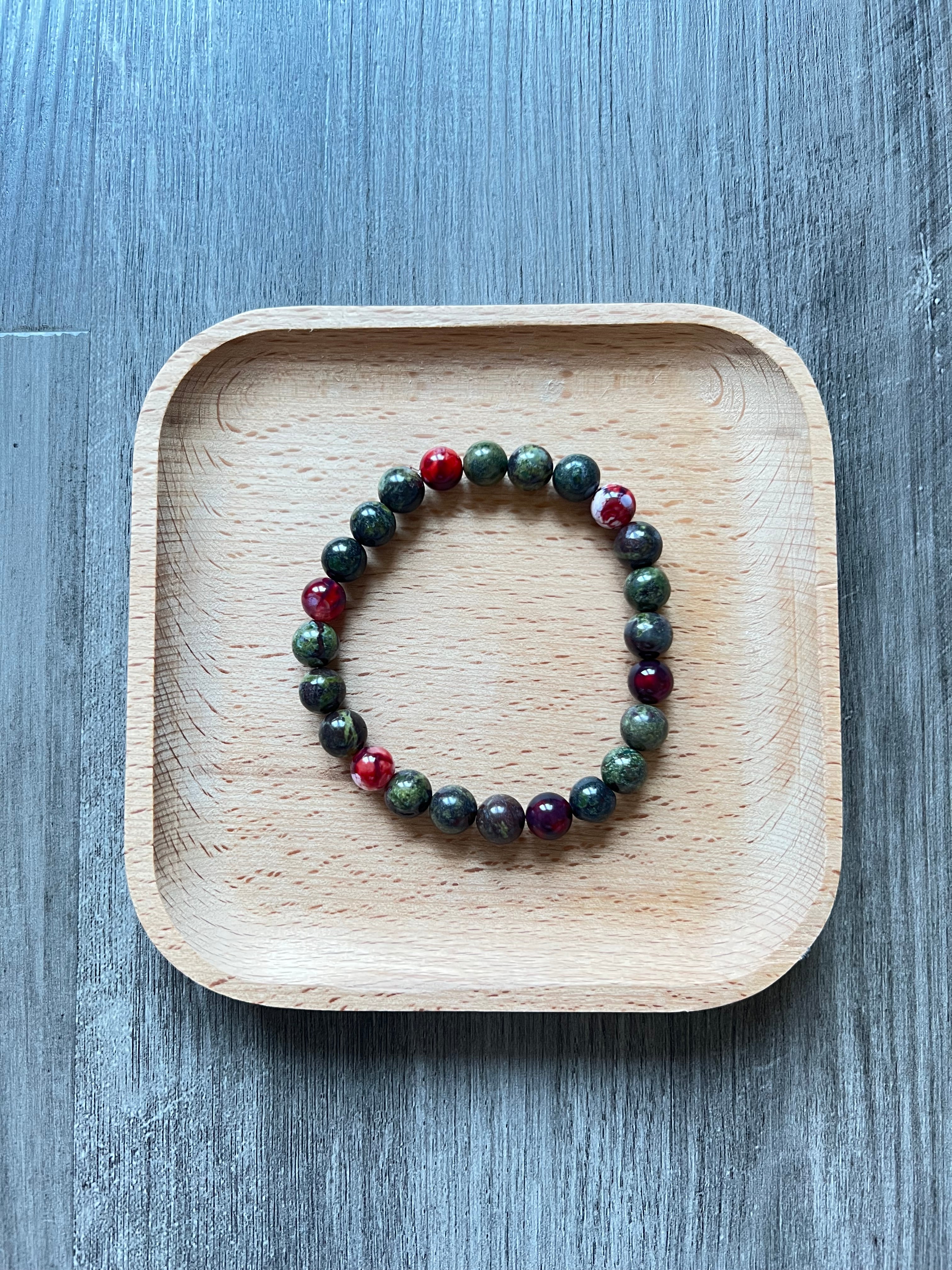 Fire Red Agate and Dragon Bloodstone Bracelet - 8 mm