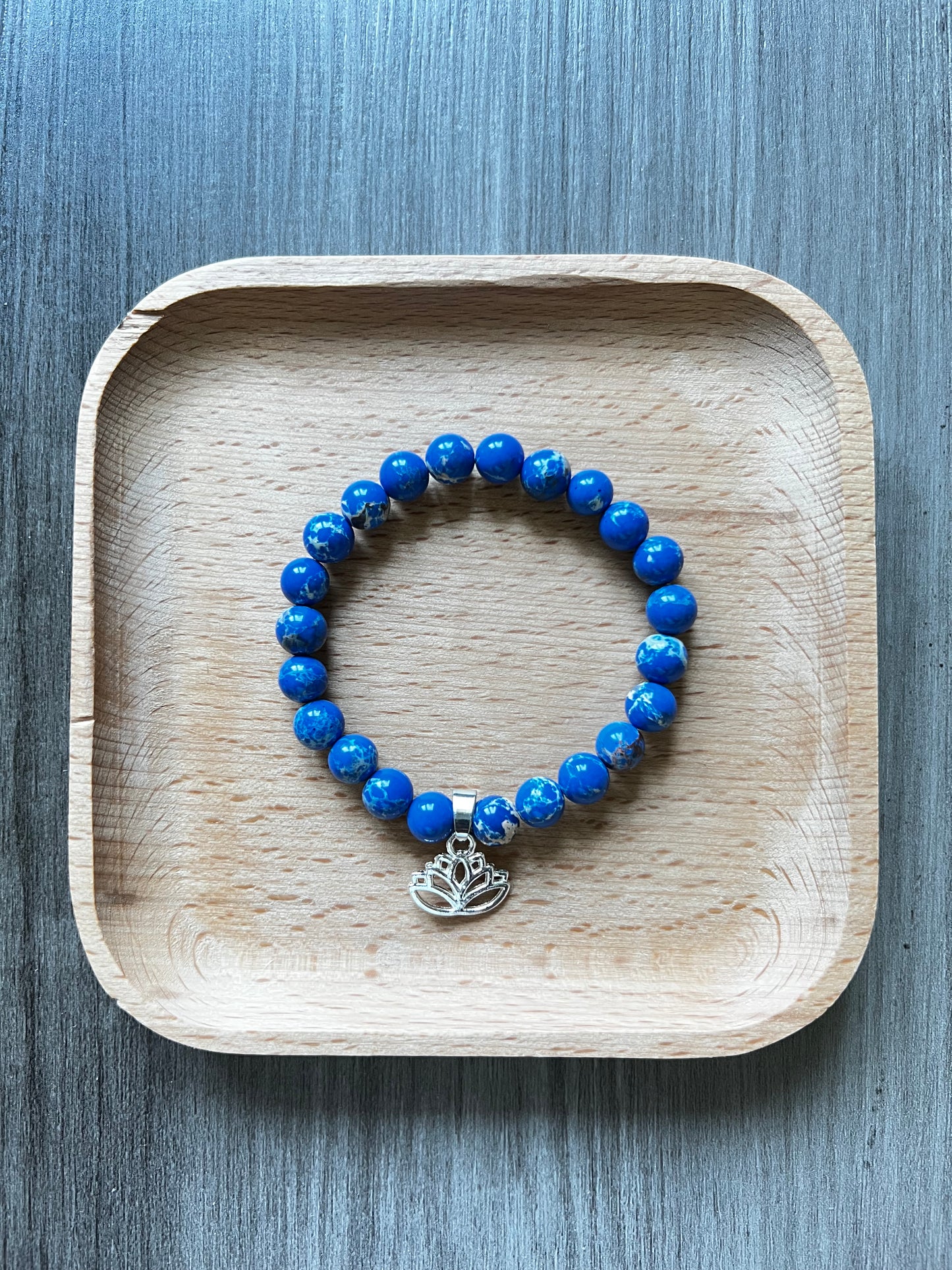 Blue Snake Skin Jasper Bracelet - 8 mm w/ Silver Lotus Flower