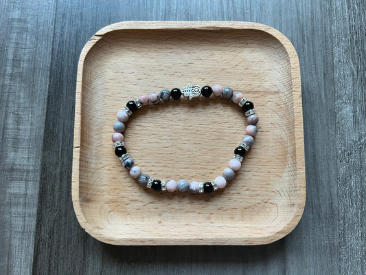 Pink Zebra Jasper and Obsidian Bracelet - 6mm w/ Silver Hamsa Hand & Silver Rhinestones