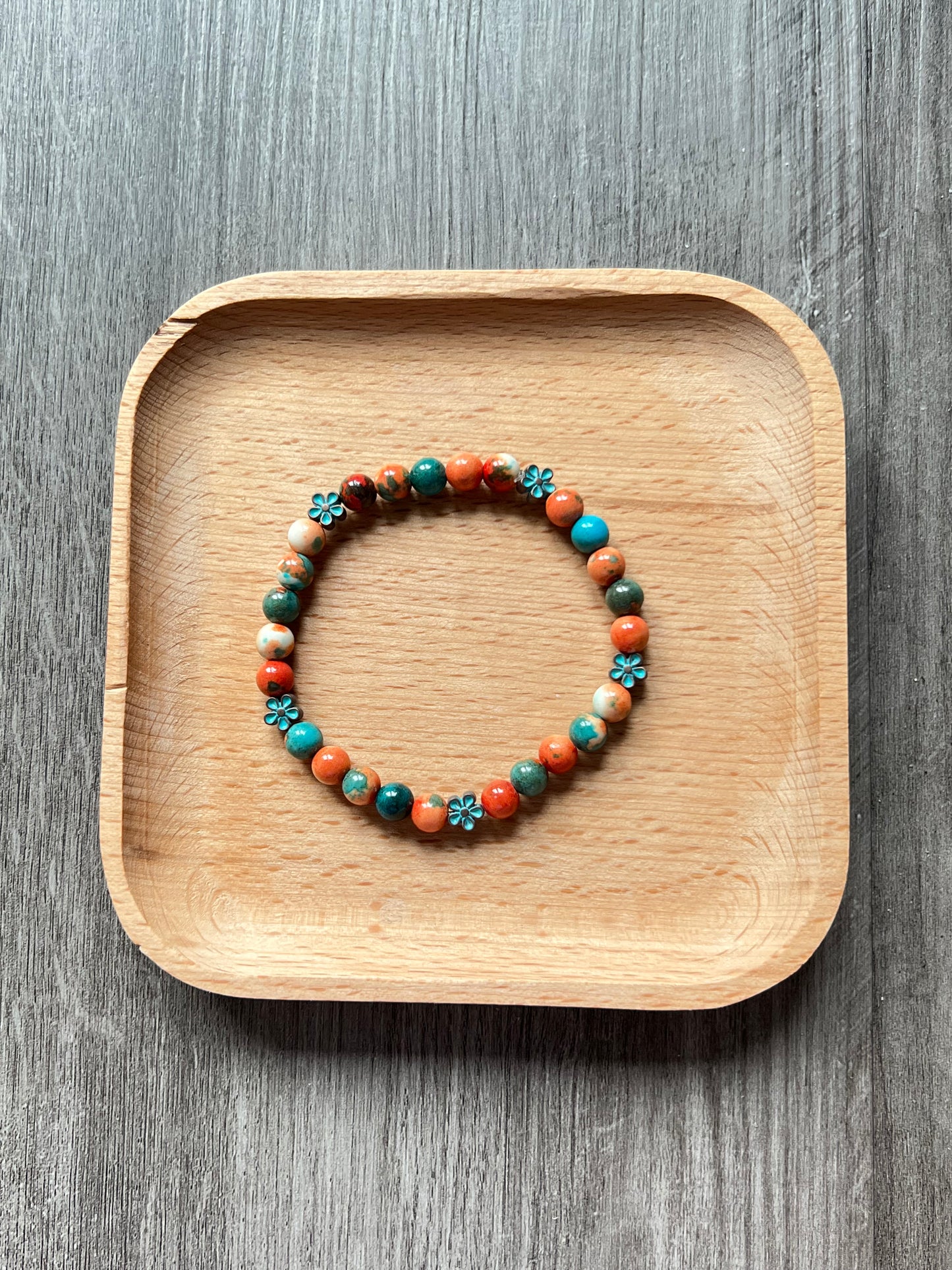 Ocean Jade Bracelet - 6 mm w/ Patina Flowers