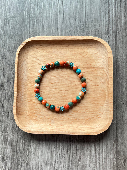 Ocean Jade Bracelet - 6 mm w/ Patina Flowers